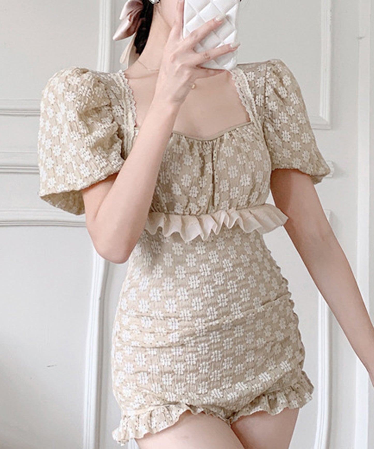 レトロ フラワー スクエアネック パフスリーブ スイムウエア