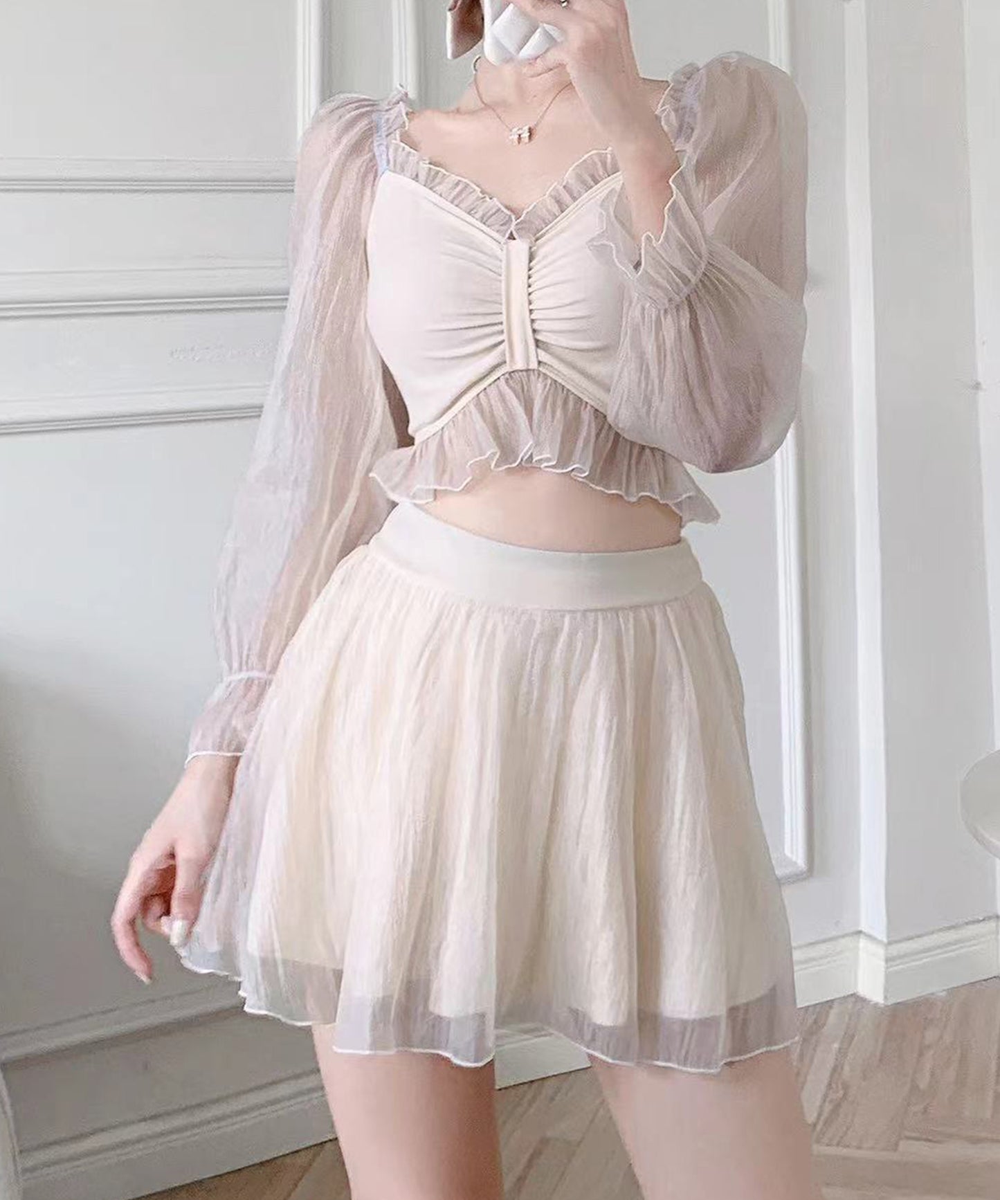 キャンディ袖 シアー フリル スカート スイムウエア