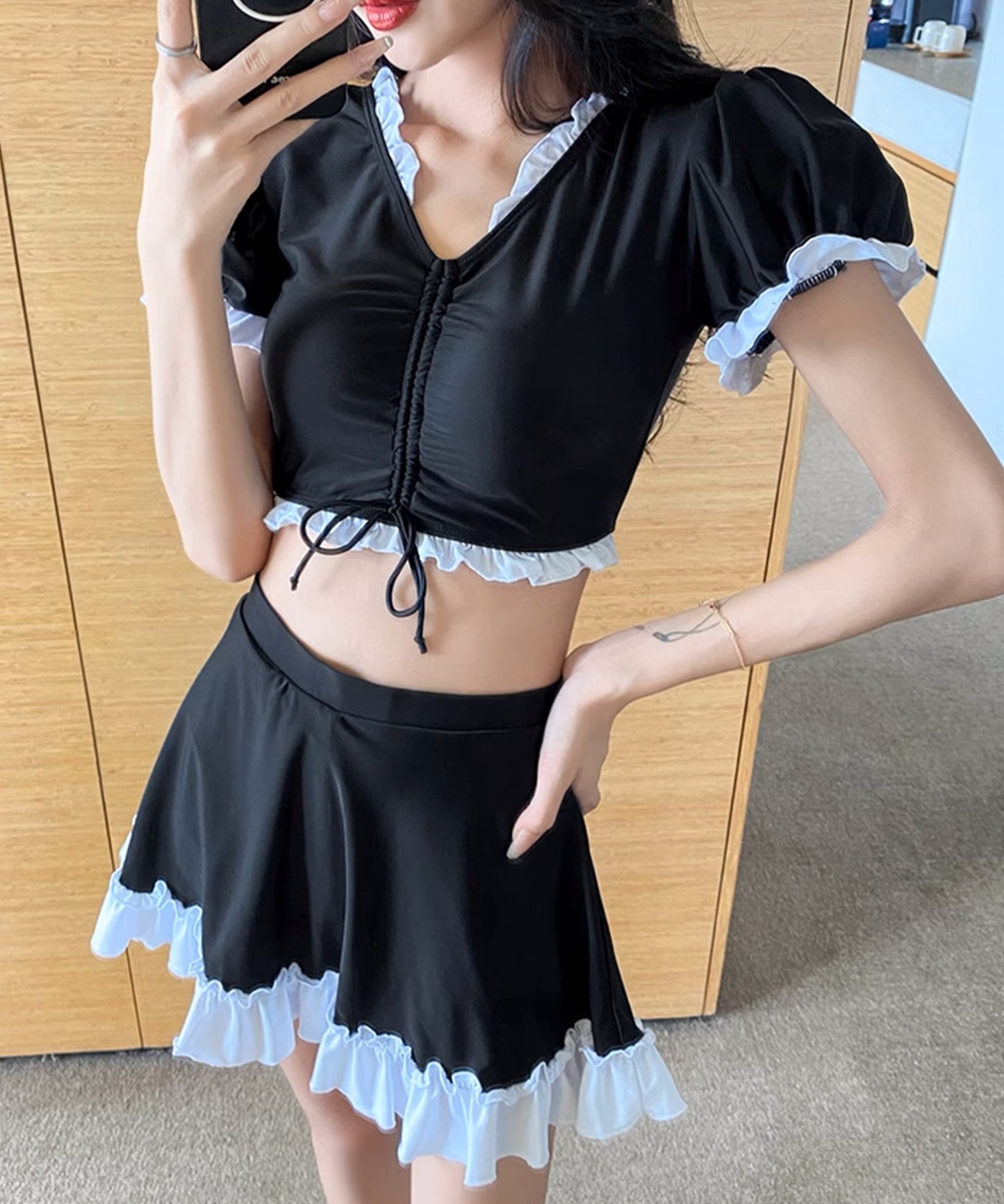 Vネック フリル タンキニ スカート スイムウエア