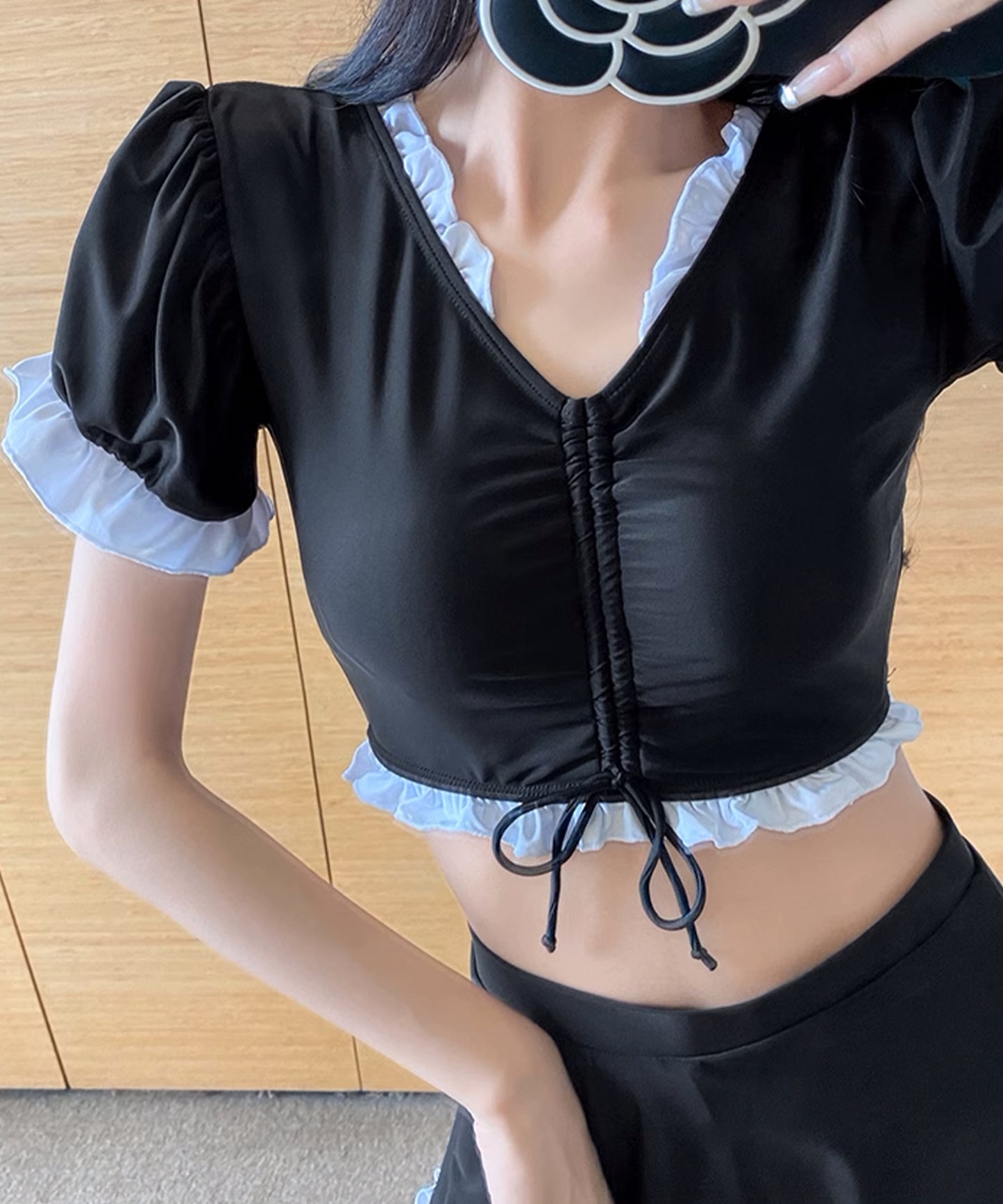 Vネック フリル タンキニ スカート スイムウエア