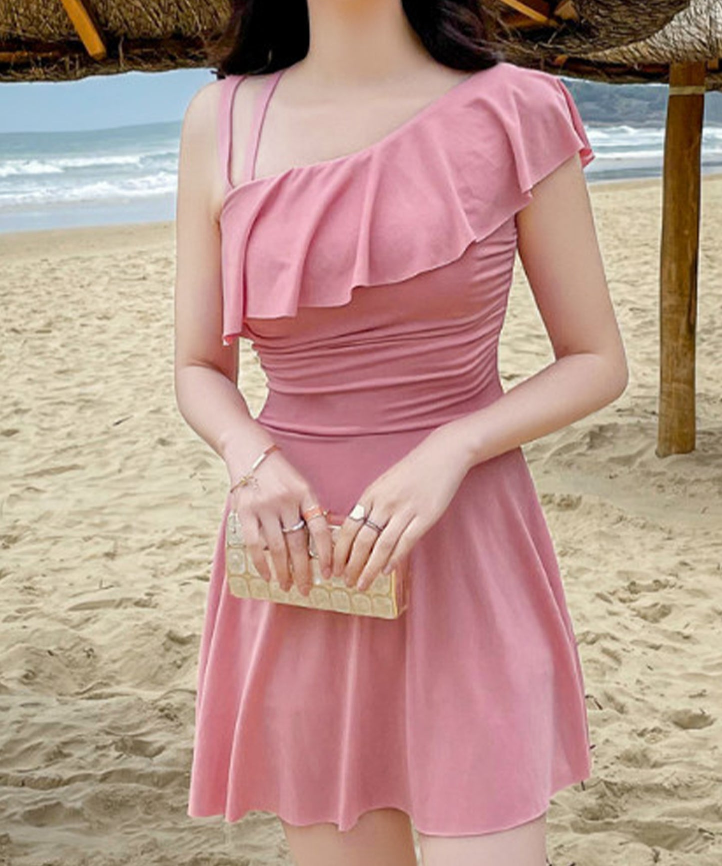 ラッフル フリル ワンショルダー風 スイム ワンピース