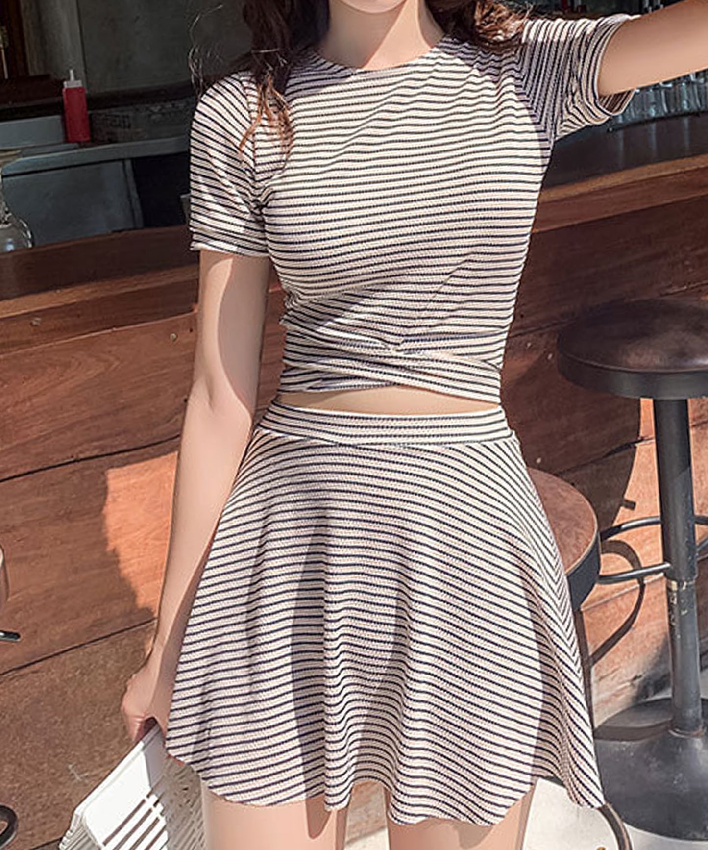 ボーダー柄 半袖 Tシャツ スカート タンキニ スイムウエア