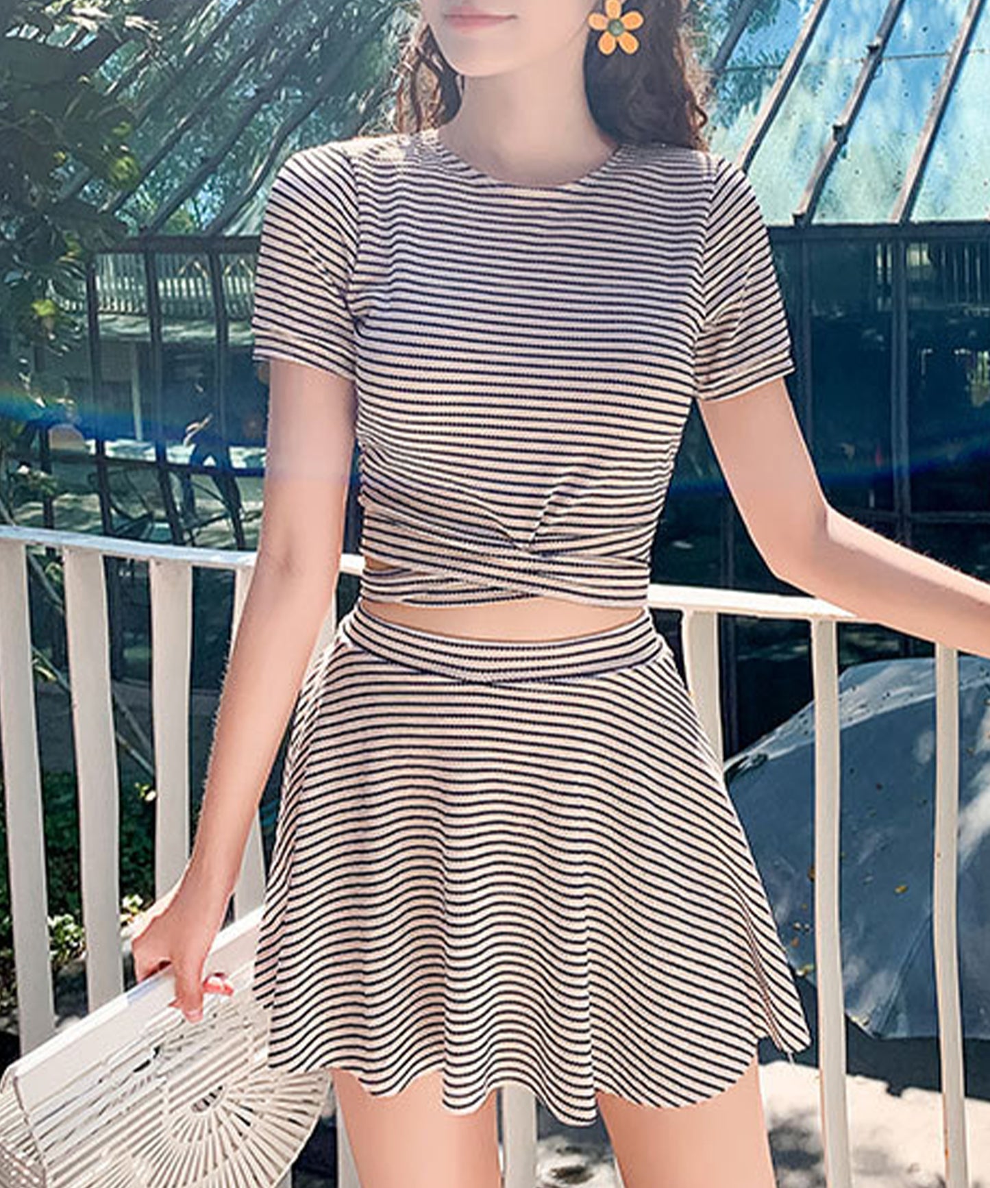 ボーダー柄 半袖 Tシャツ スカート タンキニ スイムウエア