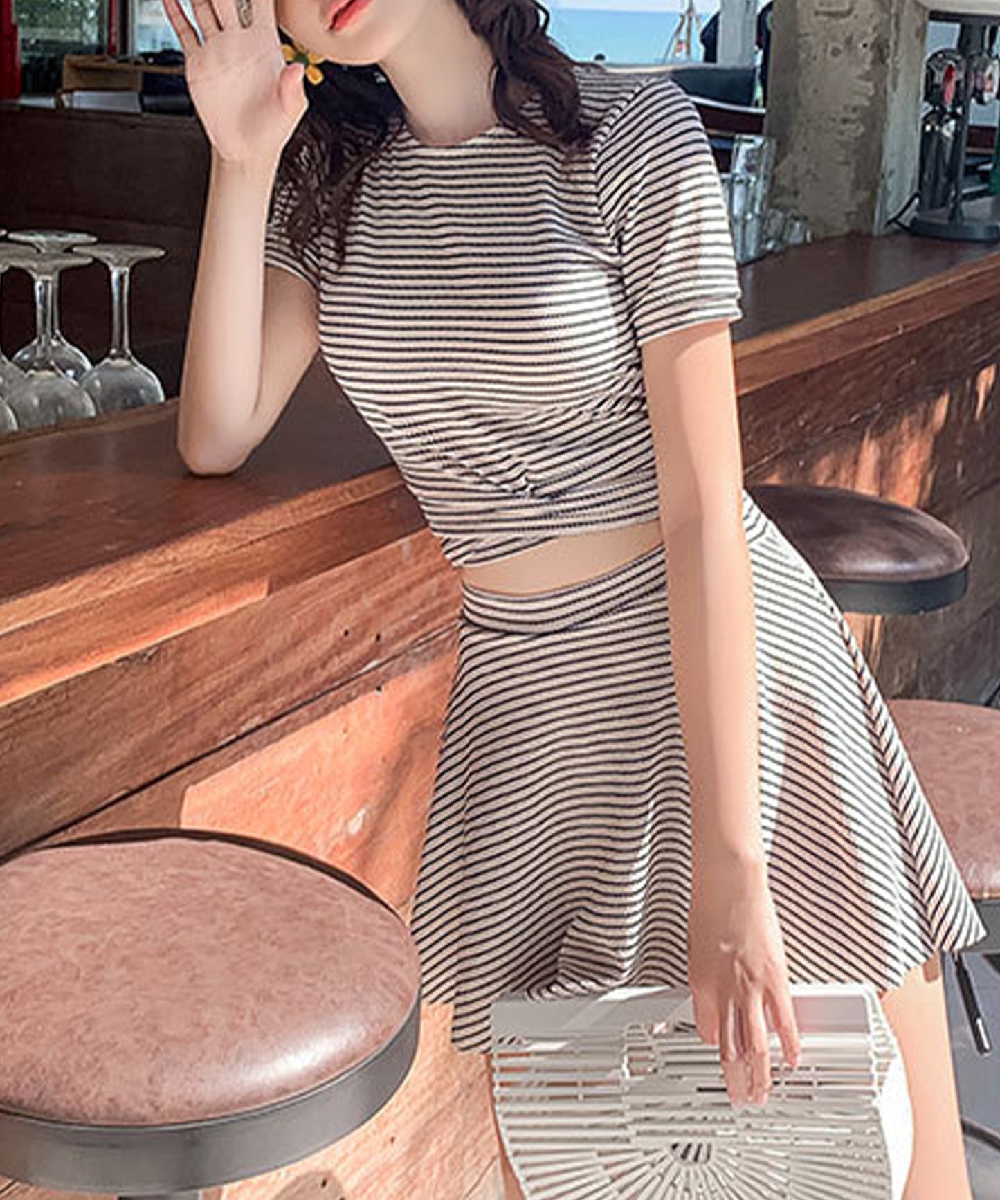 ボーダー柄 半袖 Tシャツ スカート タンキニ スイムウエア