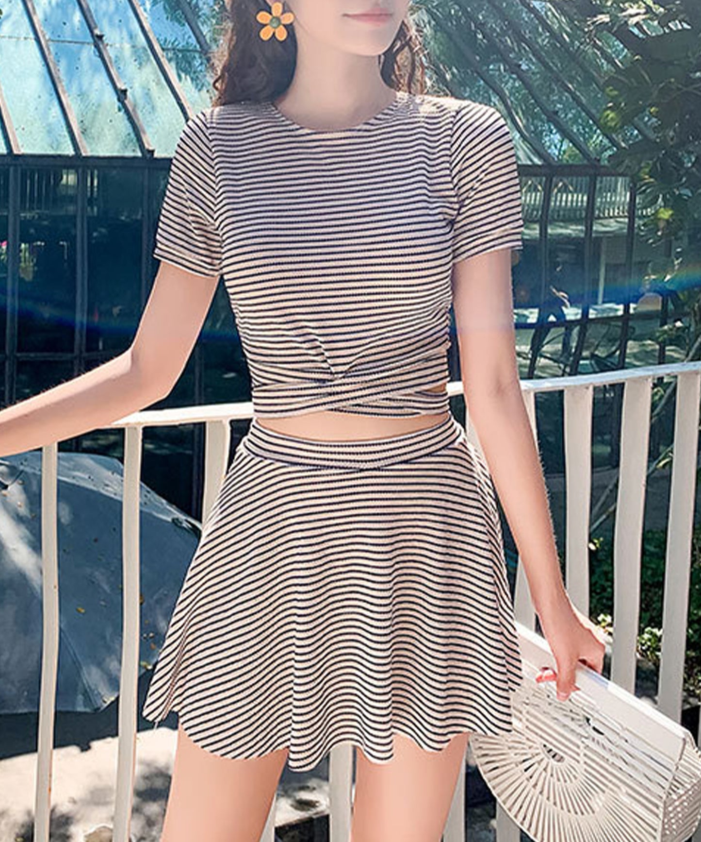 ボーダー柄 半袖 Tシャツ スカート タンキニ スイムウエア