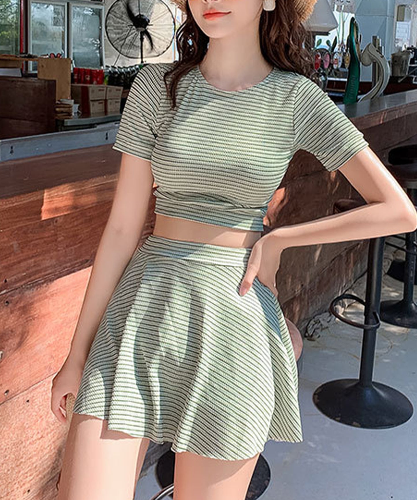 ボーダー柄 半袖 Tシャツ スカート タンキニ スイムウエア