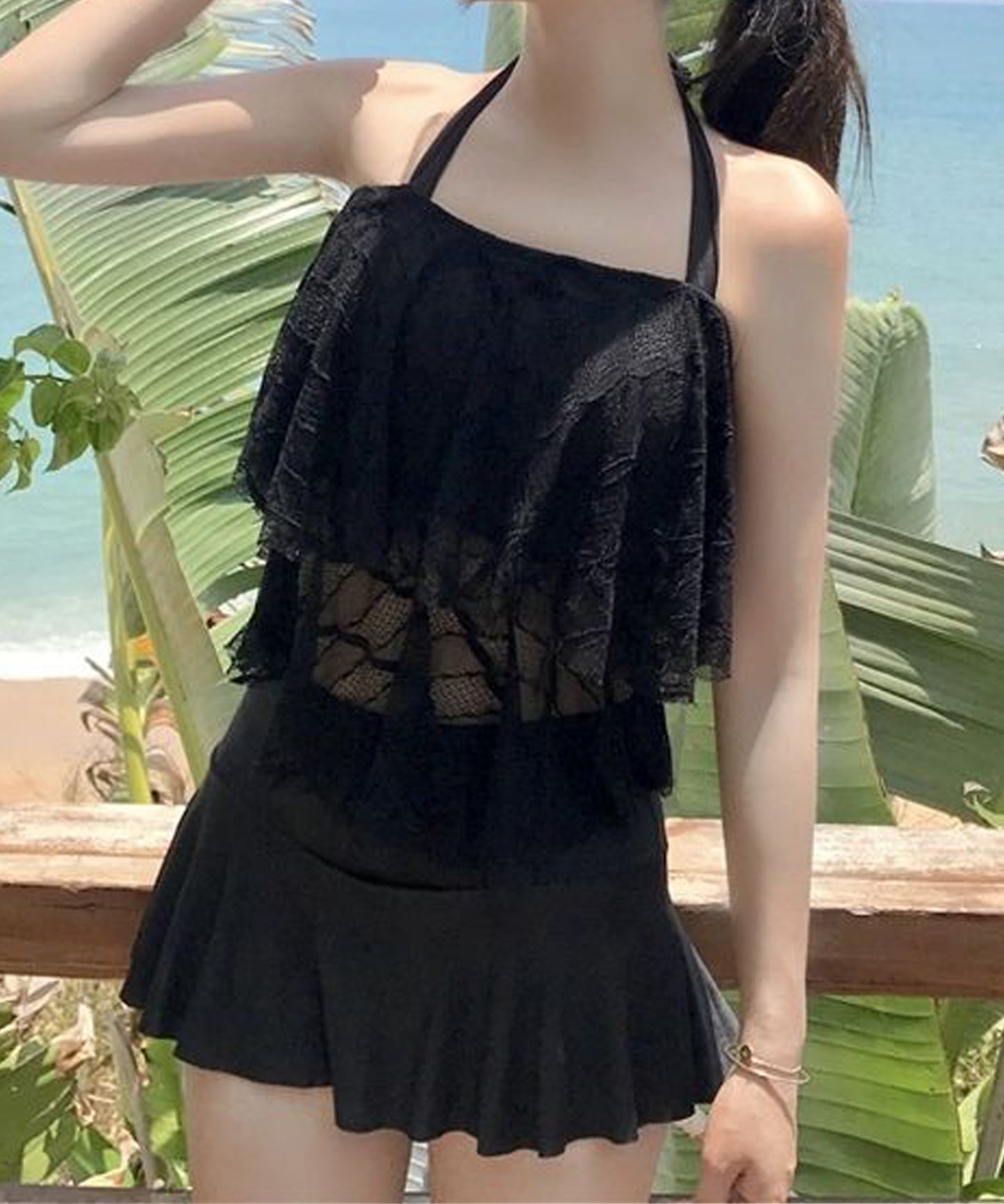 ホルターネック ティアード レース タンキニ スイムウエア