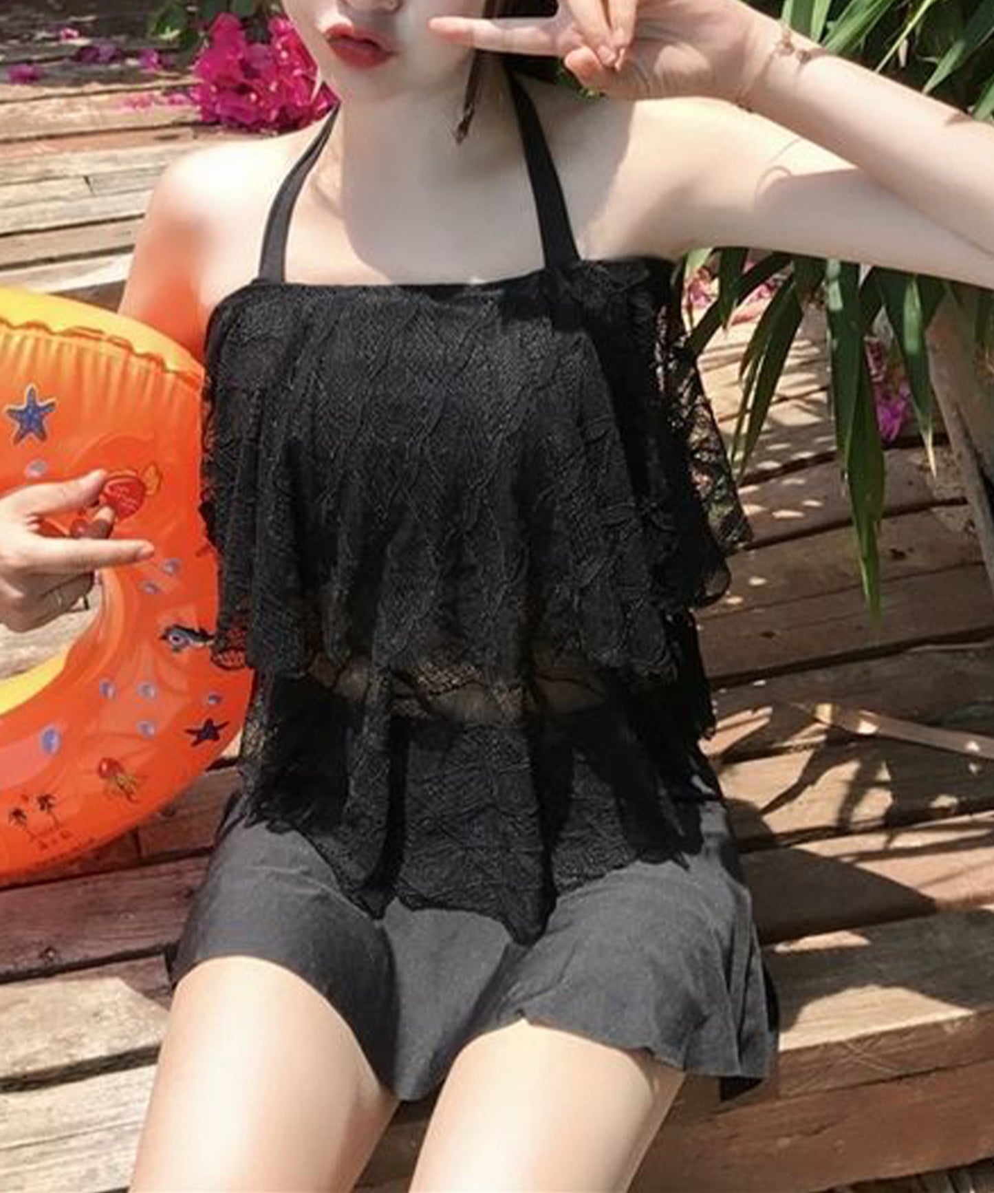 ホルターネック ティアード レース タンキニ スイムウエア