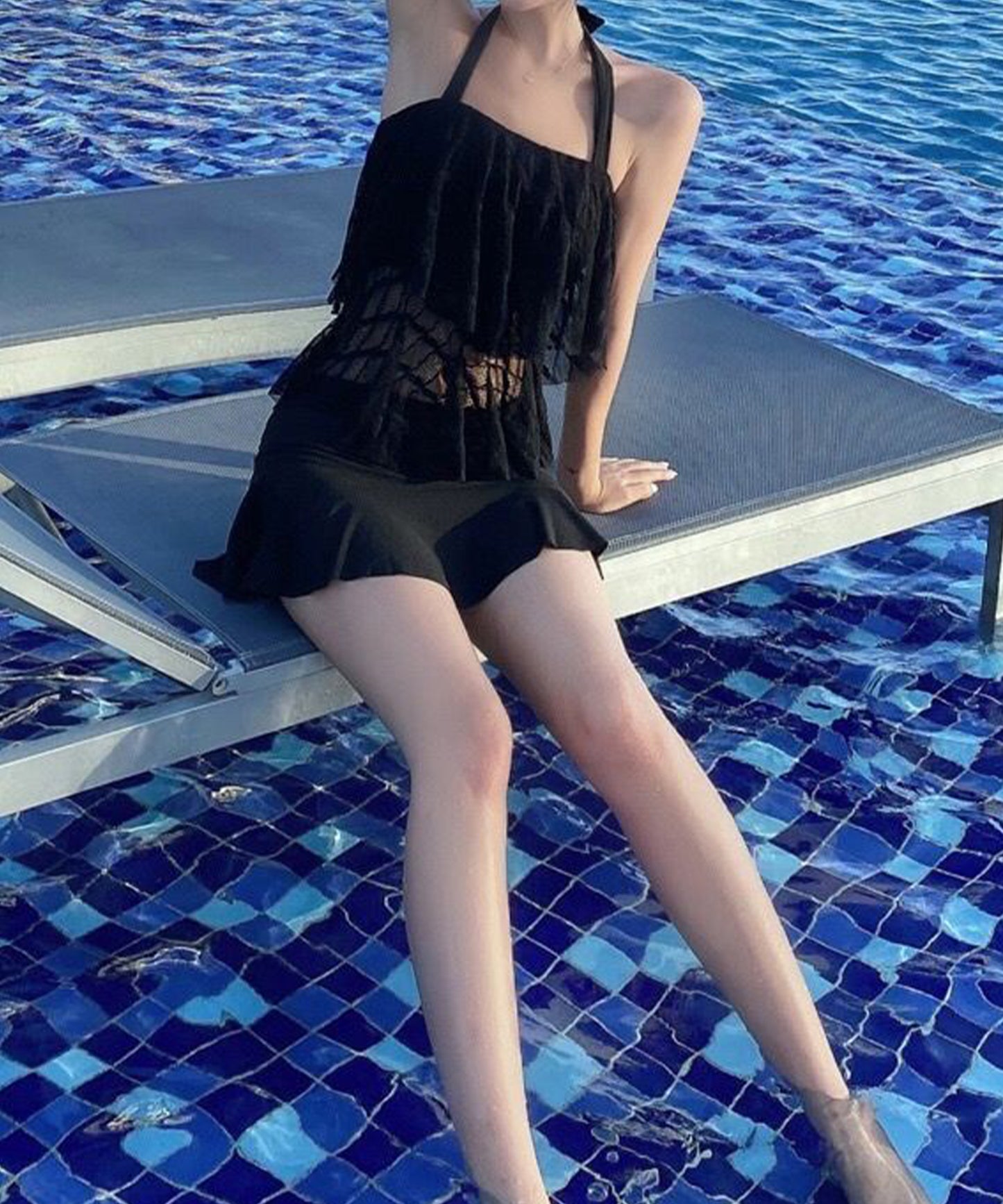 ホルターネック ティアード レース タンキニ スイムウエア