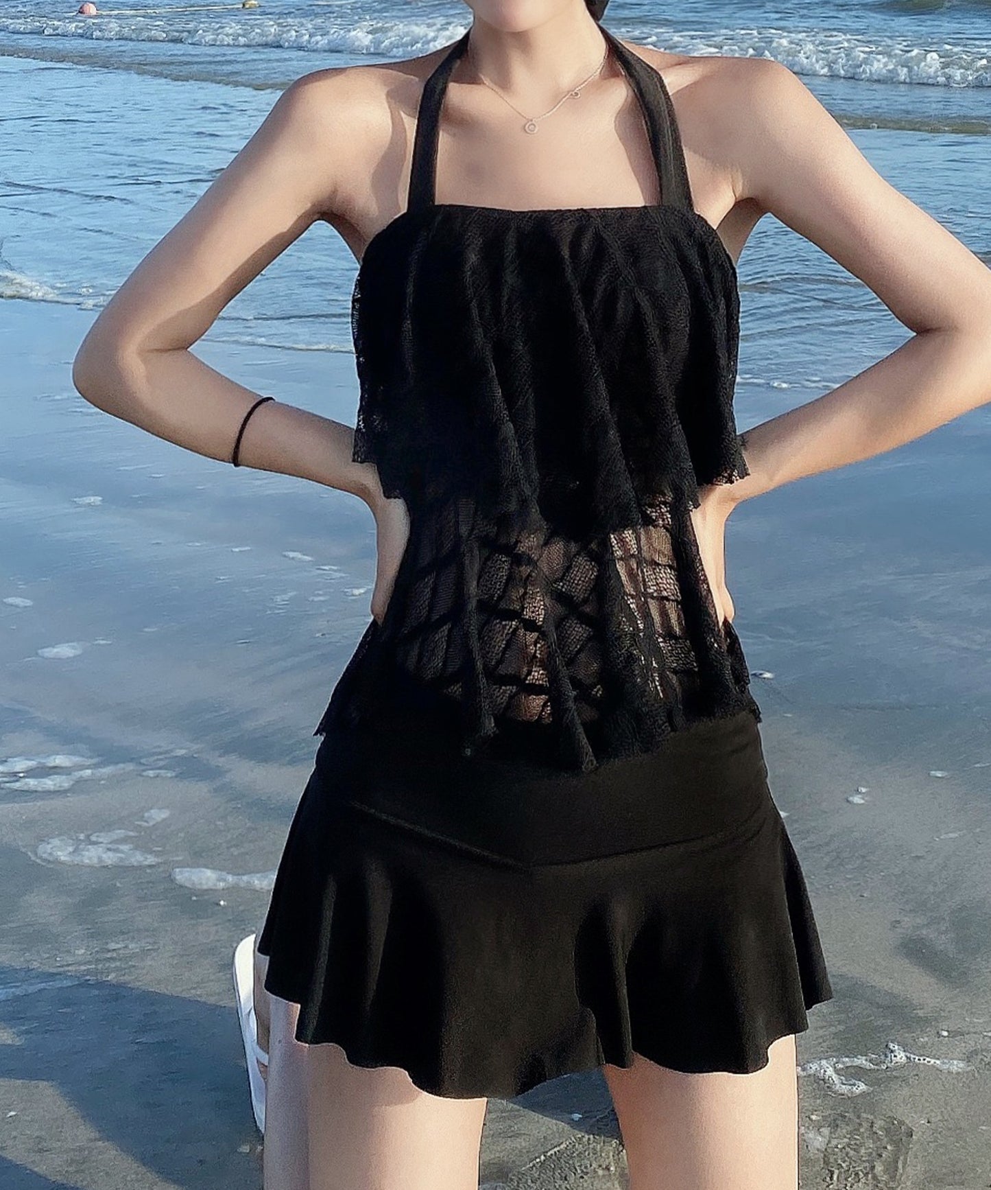 ホルターネック ティアード レース タンキニ スイムウエア