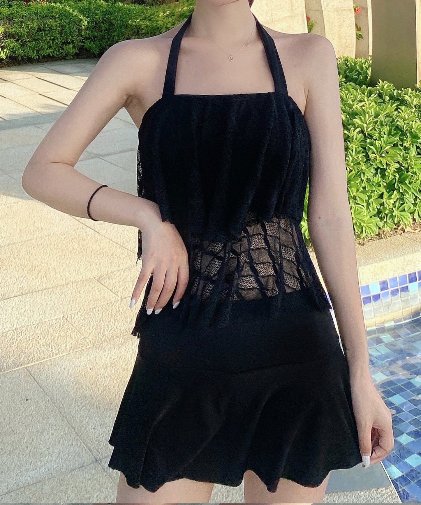 ホルターネック ティアード レース タンキニ スイムウエア