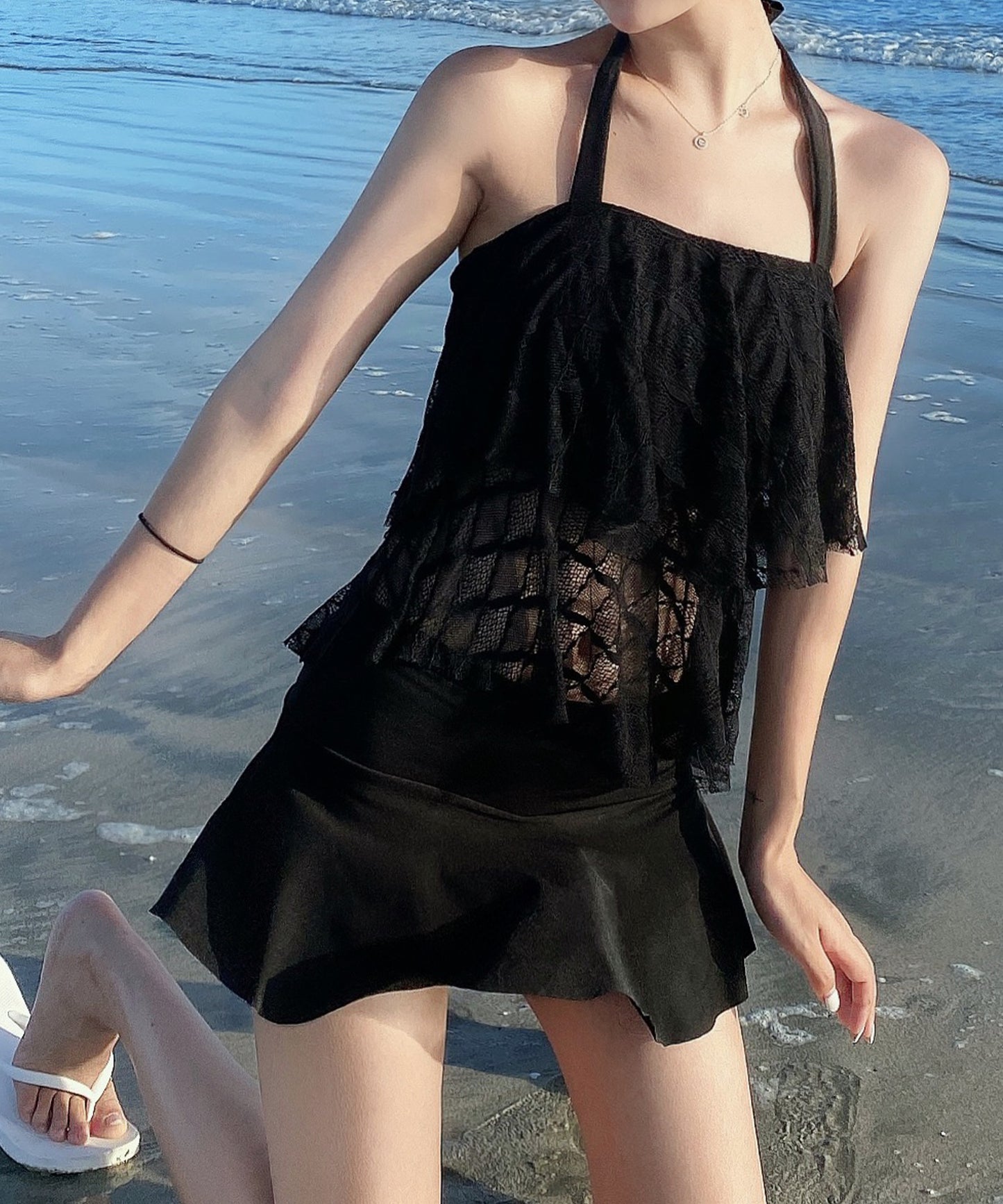 ホルターネック ティアード レース タンキニ スイムウエア