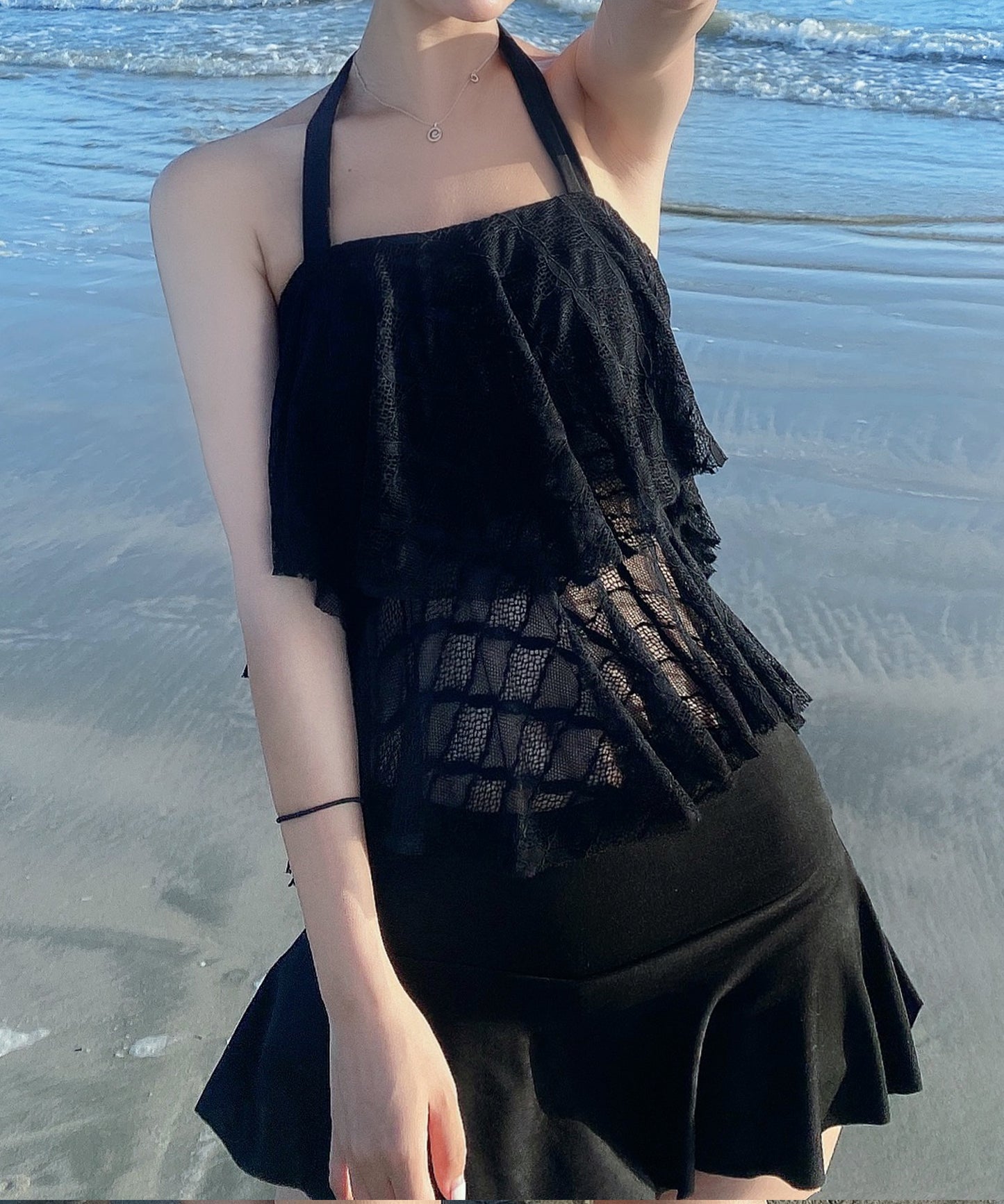 ホルターネック ティアード レース タンキニ スイムウエア