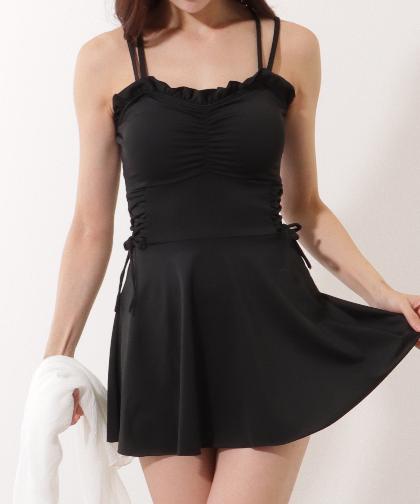 【4点セット】ソリッドカラー フレア レイヤード スイム ワンピース