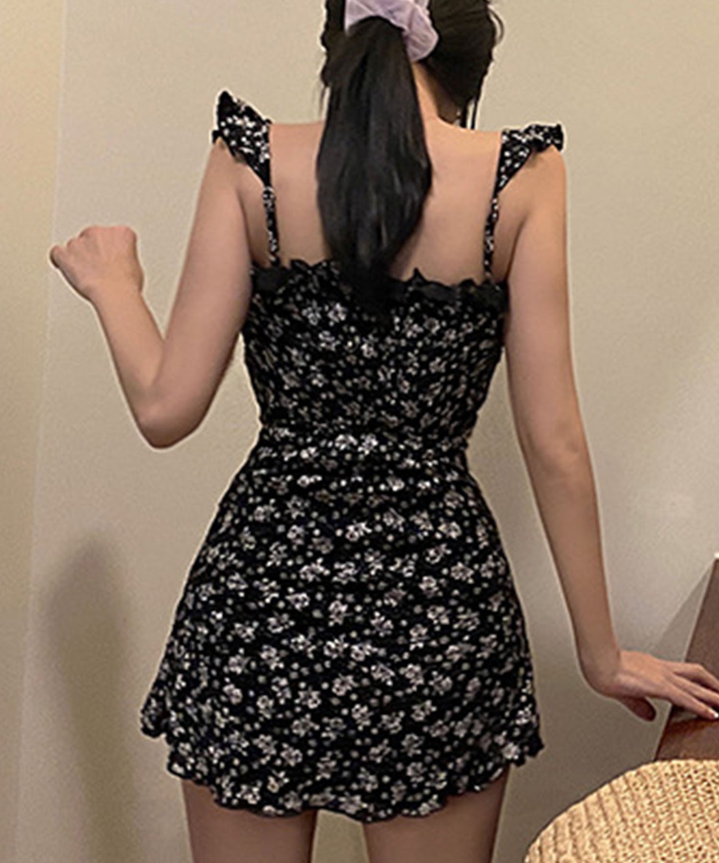 小花柄 レースアップ フリル ワンピース 水着