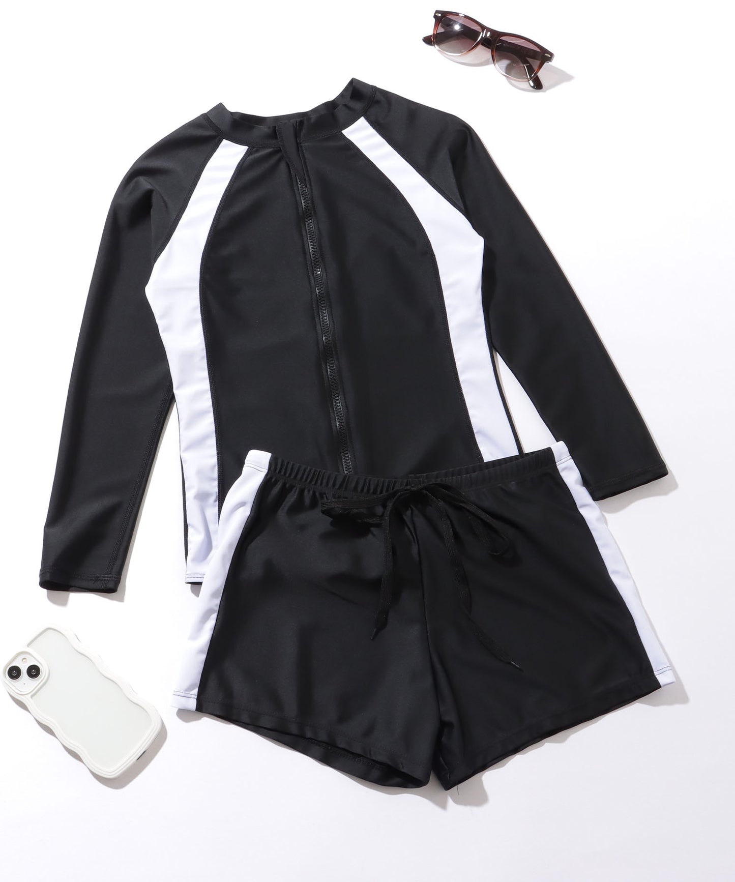 【5点セット】 配色ライン フロントジップ フィットネス ラッシュガード