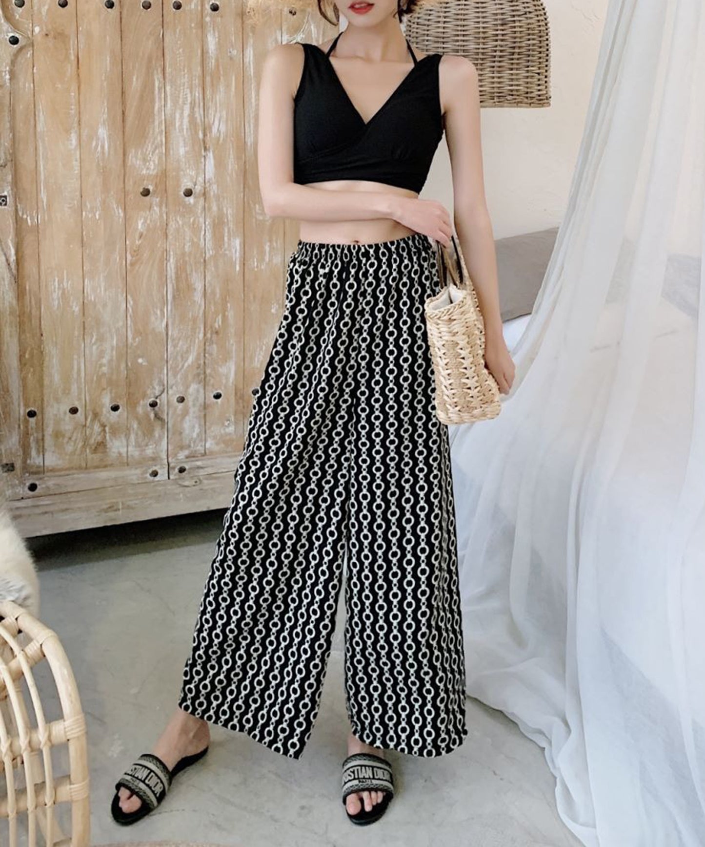 【3点セット】Vネック カシュクール風 デザイン ワイド パンツ