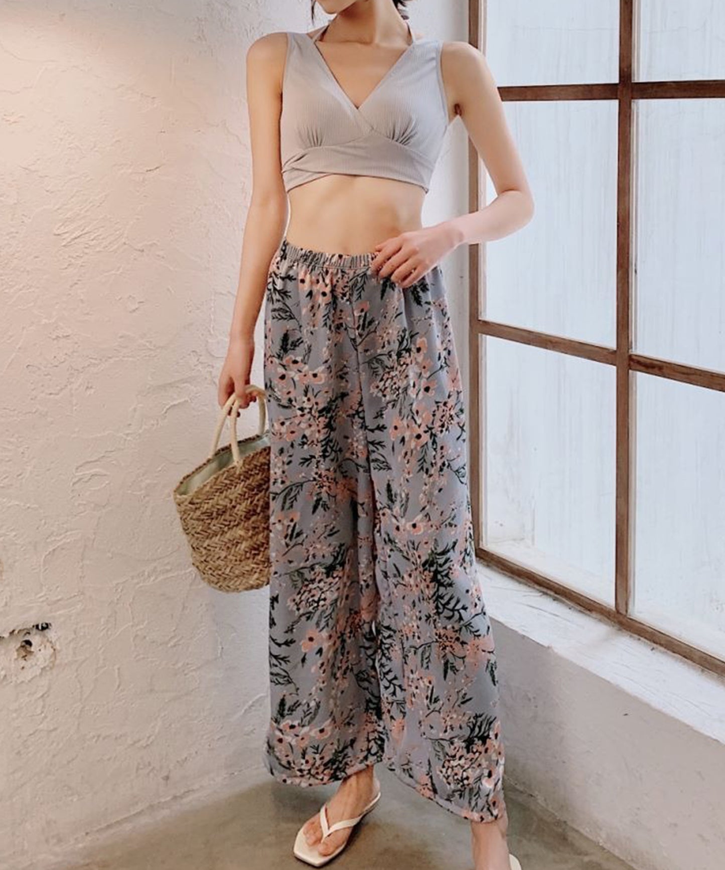 【3点セット】Vネック カシュクール風 デザイン ワイド パンツ