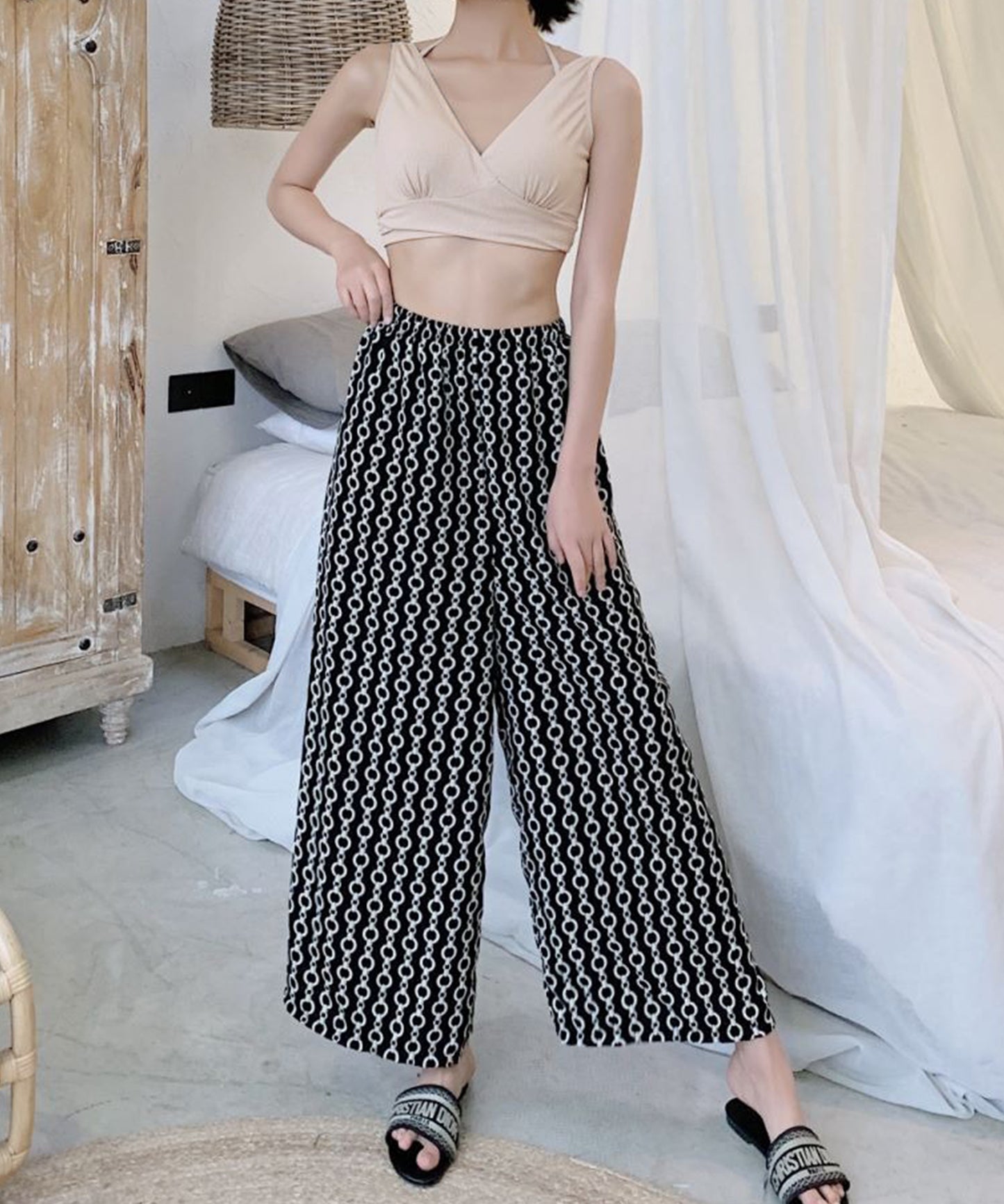 【3点セット】Vネック カシュクール風 デザイン ワイド パンツ