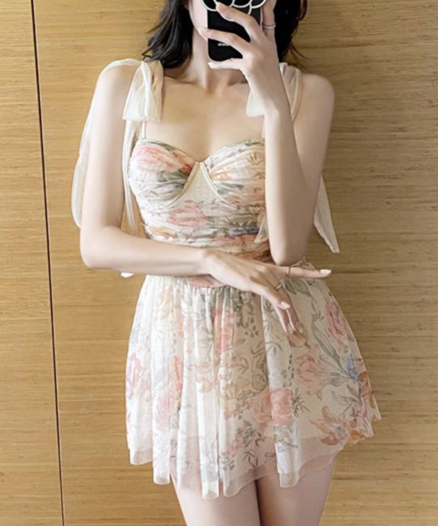 チュール レイヤード 花柄 ワンピース 水着