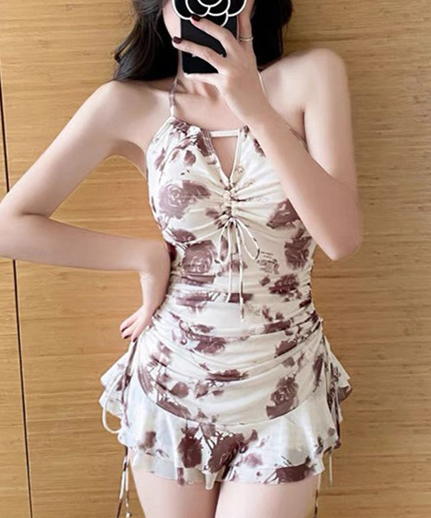 【2点セット】シアーボレロ付き 花柄 ホルターネック ギャザー フリル ワンピース 水着