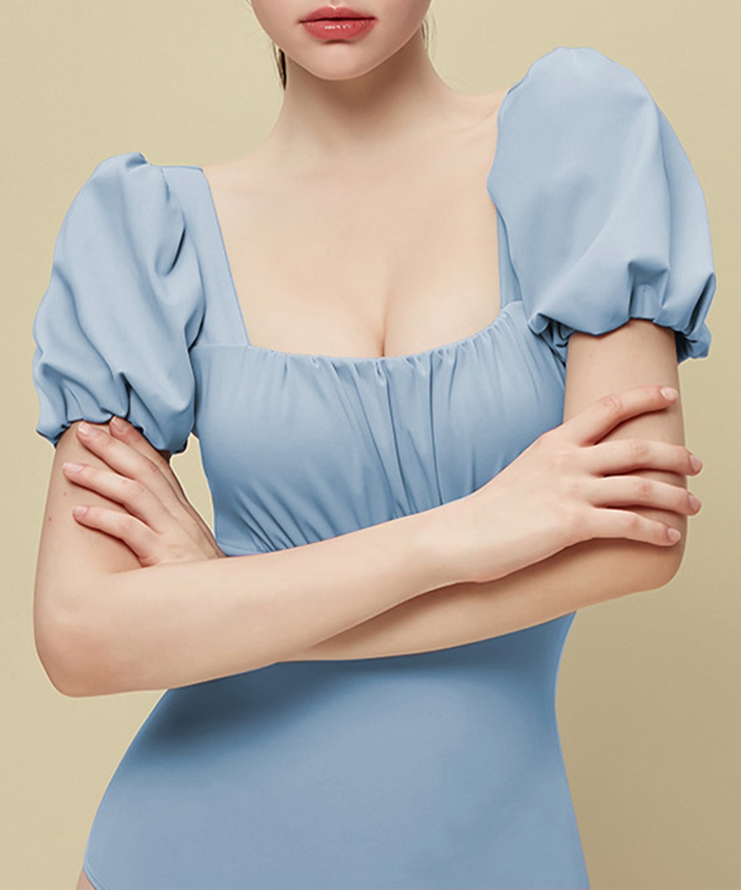 パフスリーブ バックレースアップ スクエアネック ワンピース 水着