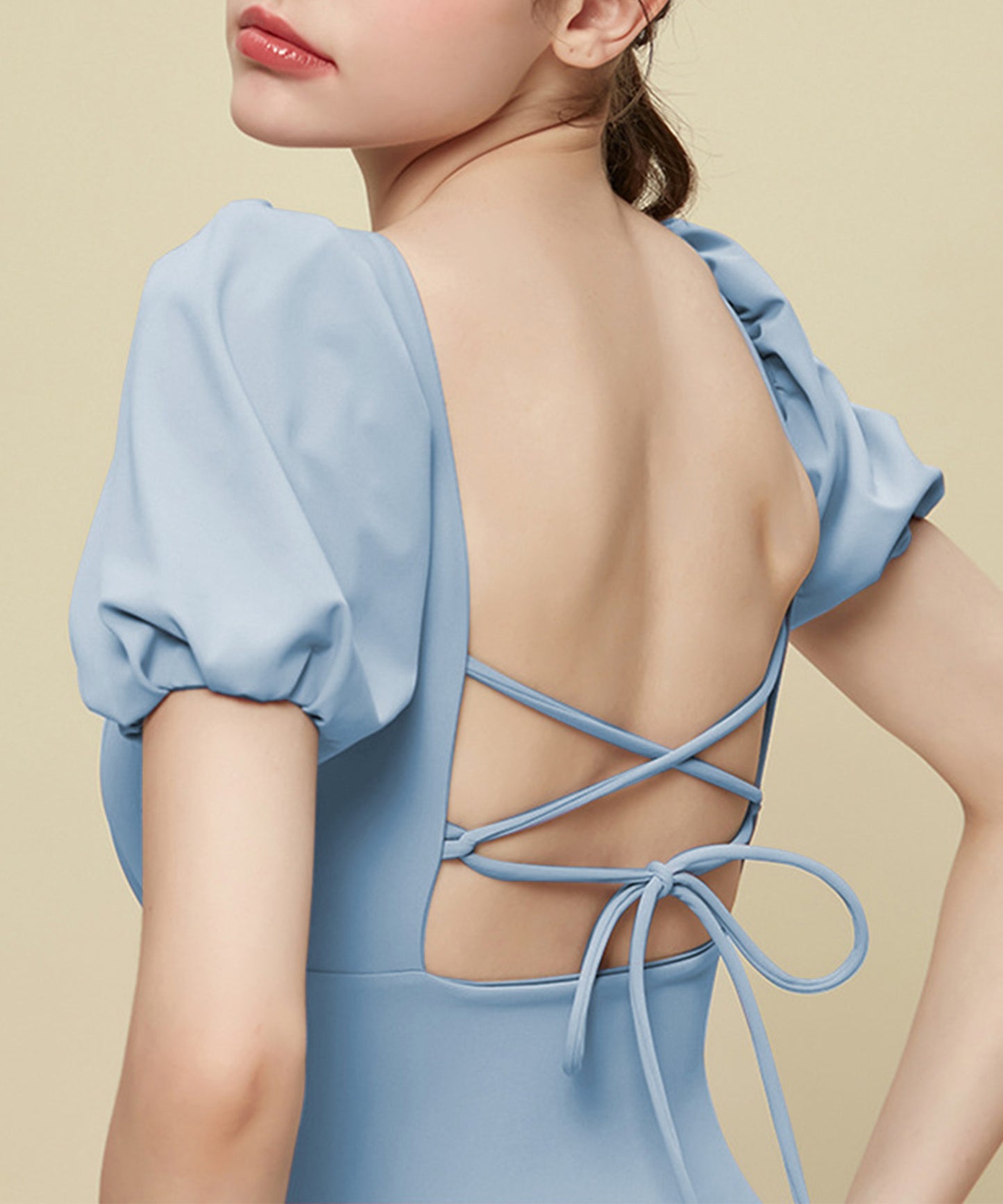 パフスリーブ バックレースアップ スクエアネック ワンピース 水着