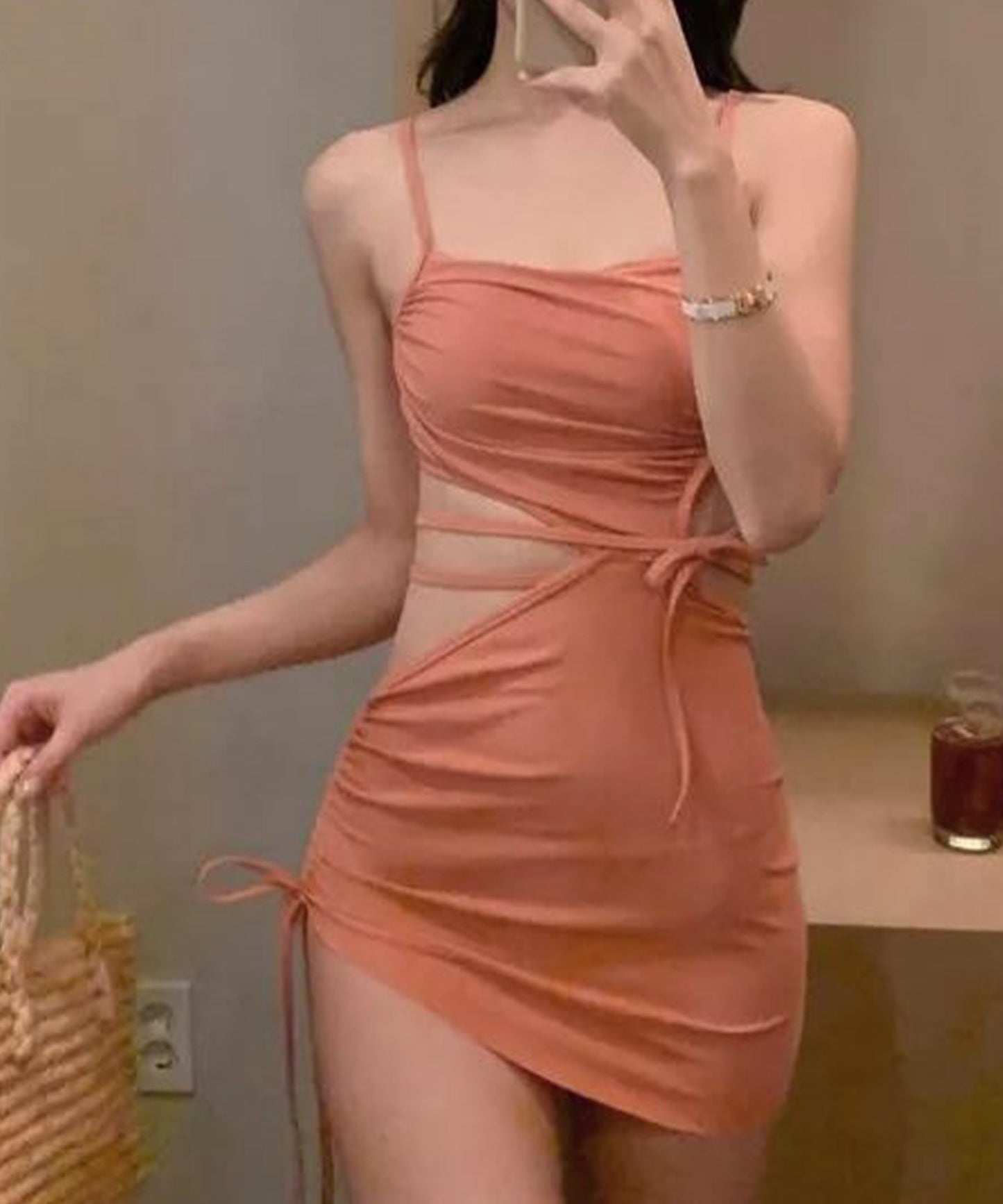 【2点セット】サイドオープン ドローストリング ワンピース ショーツ付き セパレート水着