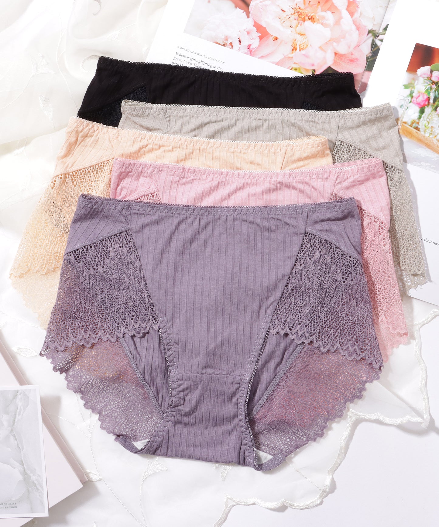 【5枚セット】 レースドッキング ボーイズレッグ リブ ショーツ