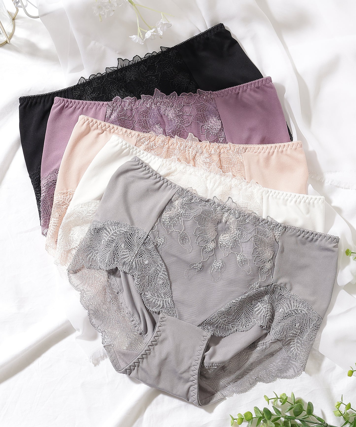 【5枚セット】ボタニカル刺繍レースドッキングショーツ