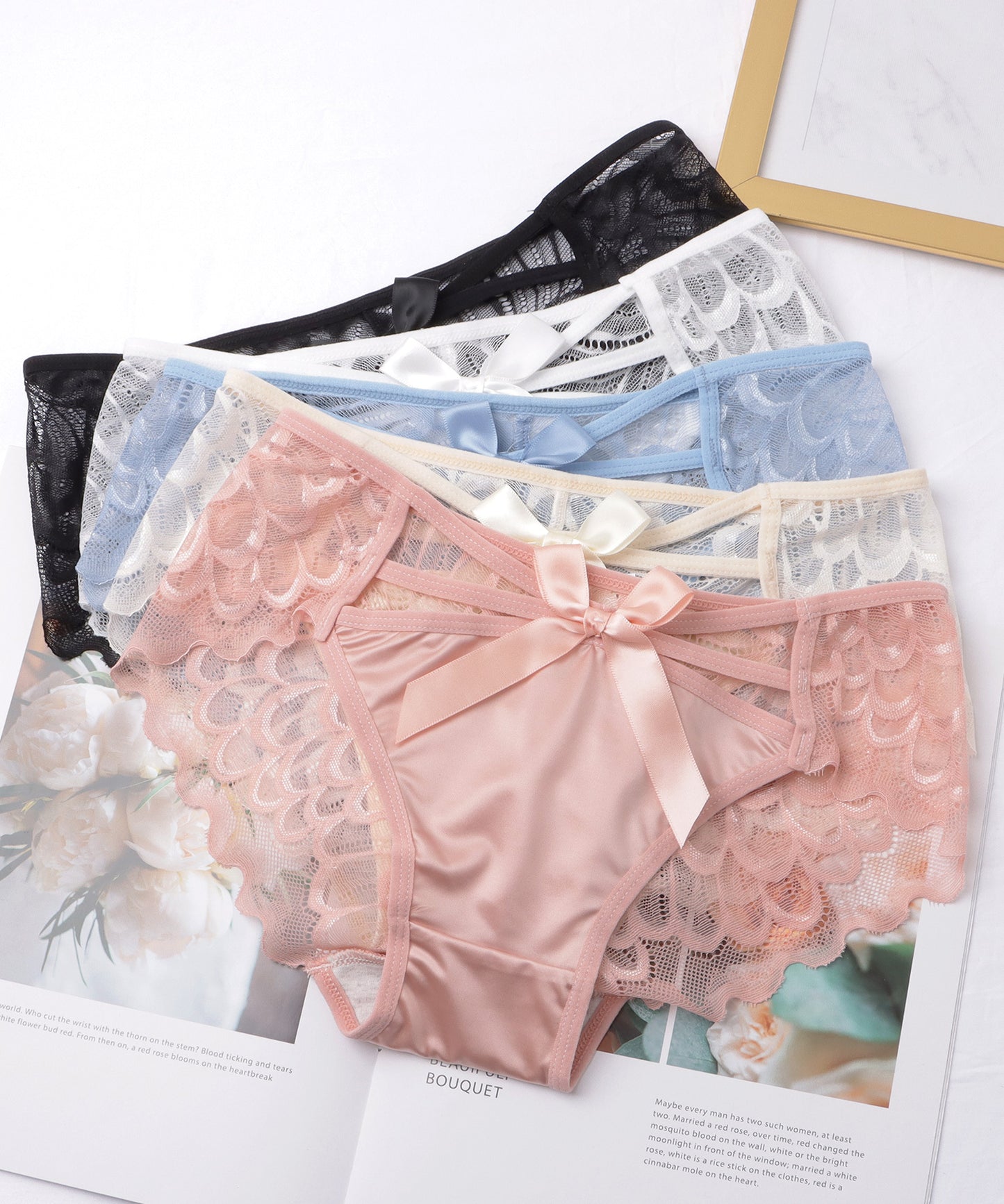 【5枚セット】ビッグリボン付きレースドッキングサテンショーツ
