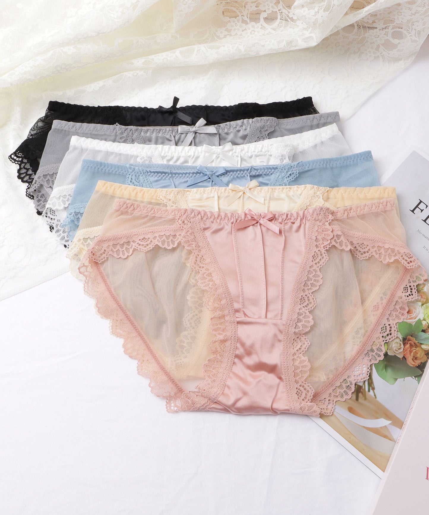 【6枚セット】リボン付きシアードッキングサテンショーツ