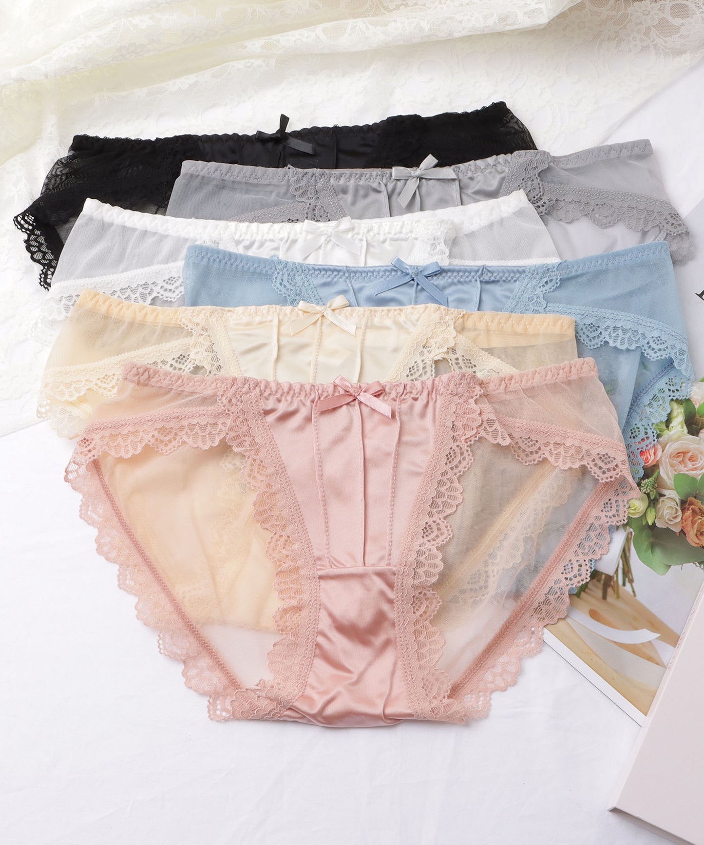 【6枚セット】リボン付きシアードッキングサテンショーツ