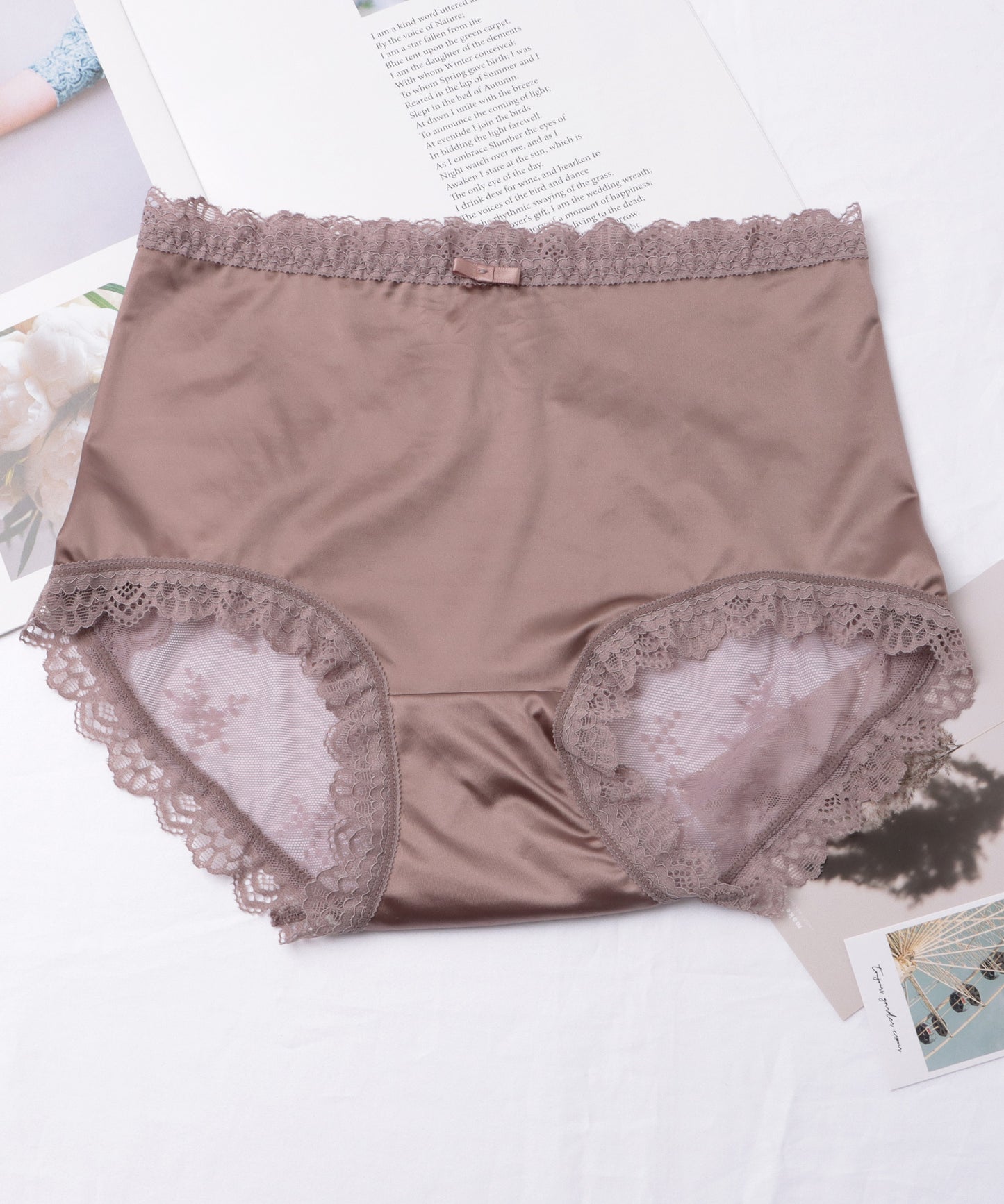 【5枚セット】バックレース リボン付き サテン ミドル ショーツ