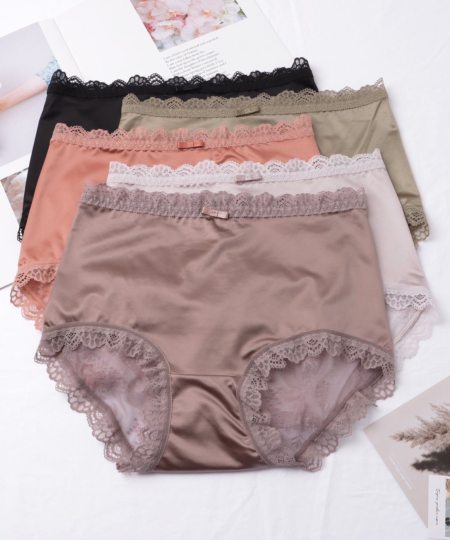 【5枚セット】バックレース リボン付き サテン ミドル ショーツ