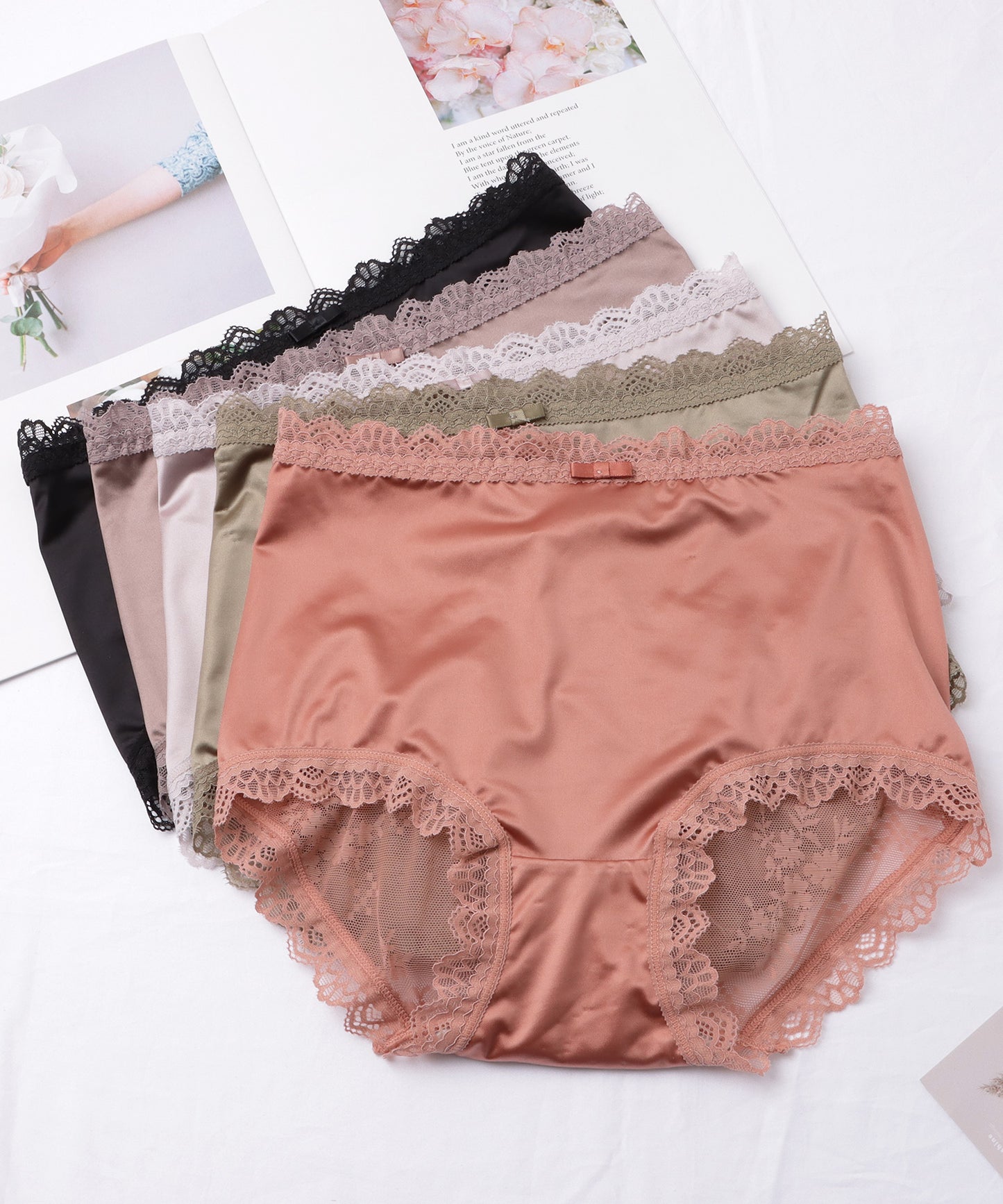 【5枚セット】バックレース リボン付き サテン ミドル ショーツ