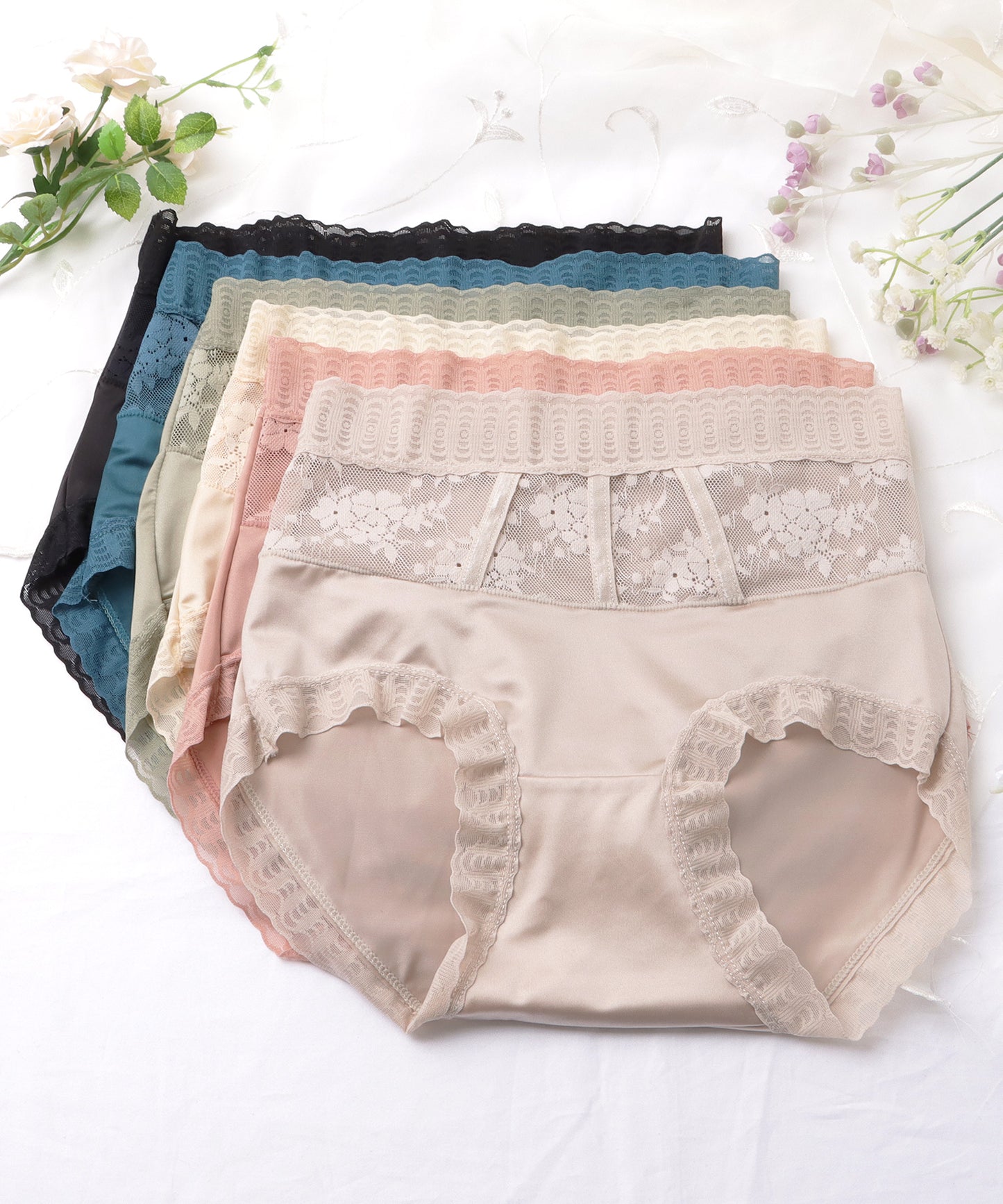 【6枚セット】ハイウエストサテンレースドッキングショーツ