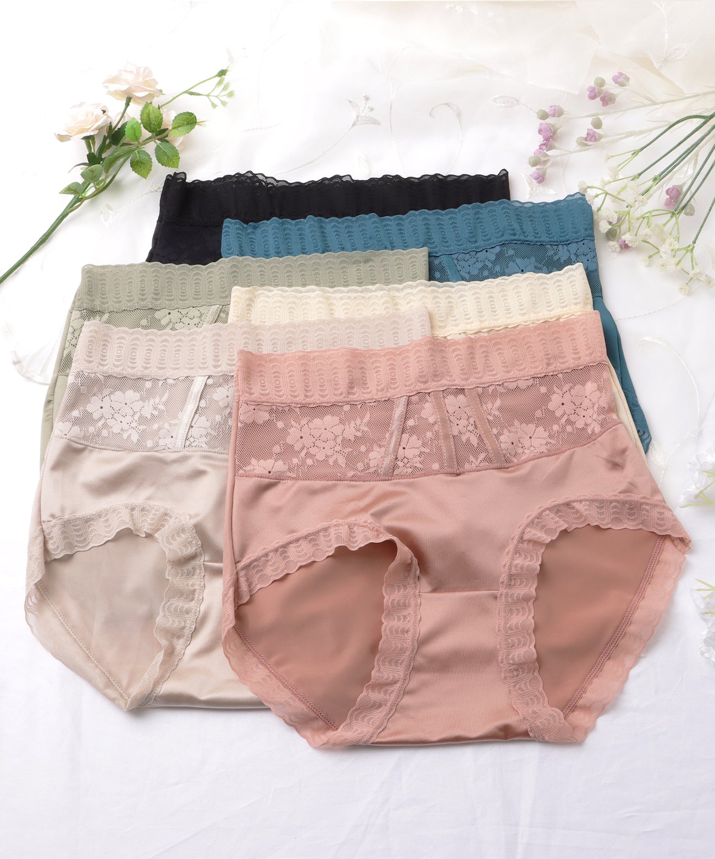 【6枚セット】ハイウエストサテンレースドッキングショーツ