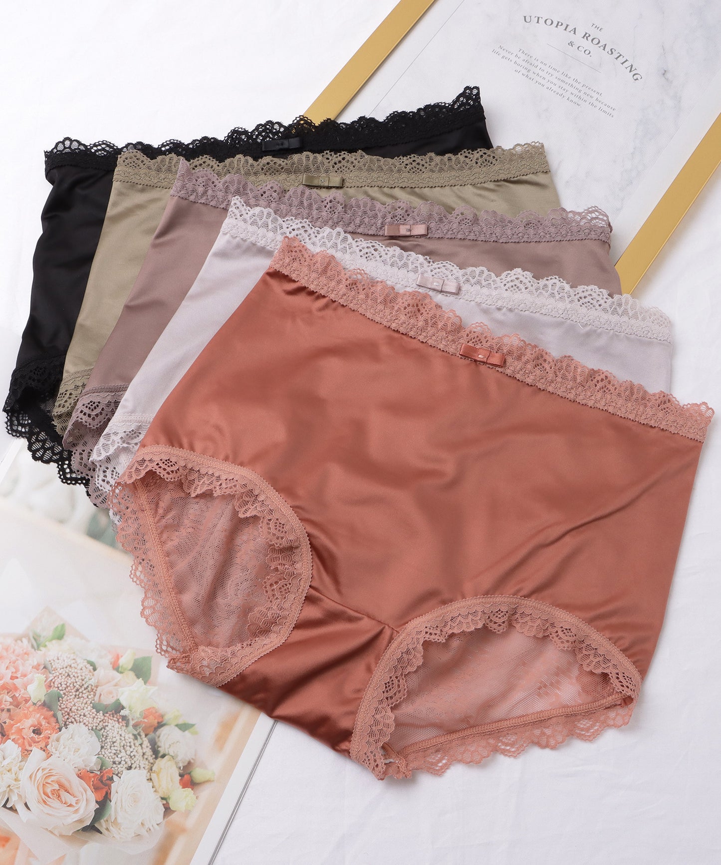 【5枚セット】サテンフィットハイウエストレースドッキングショーツ