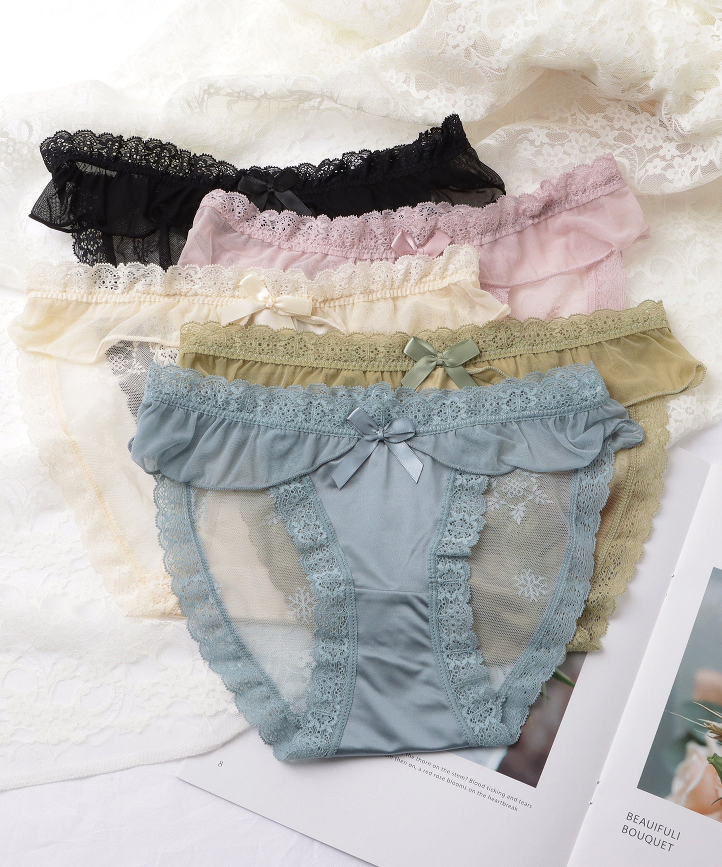 【5枚セット】リボン付きサテンストレッチフリルショーツ