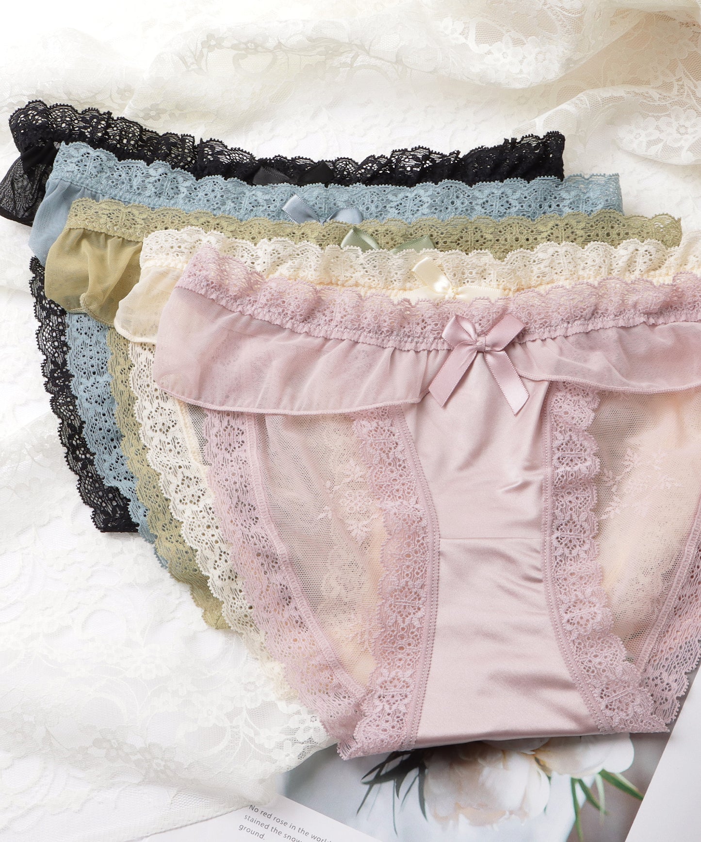【5枚セット】リボン付きサテンストレッチフリルショーツ