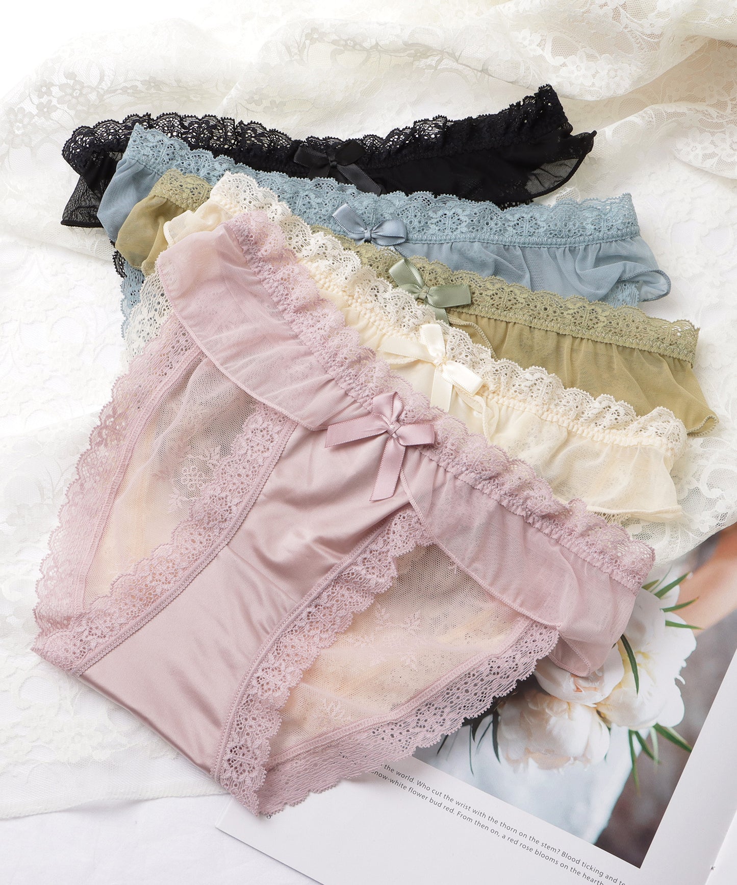 【5枚セット】リボン付きサテンストレッチフリルショーツ