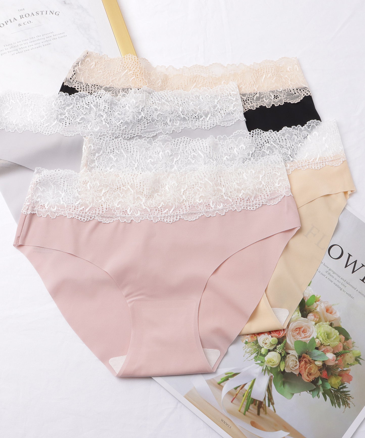 【4枚セット】配色 レース シームレス ローライズ ショーツ