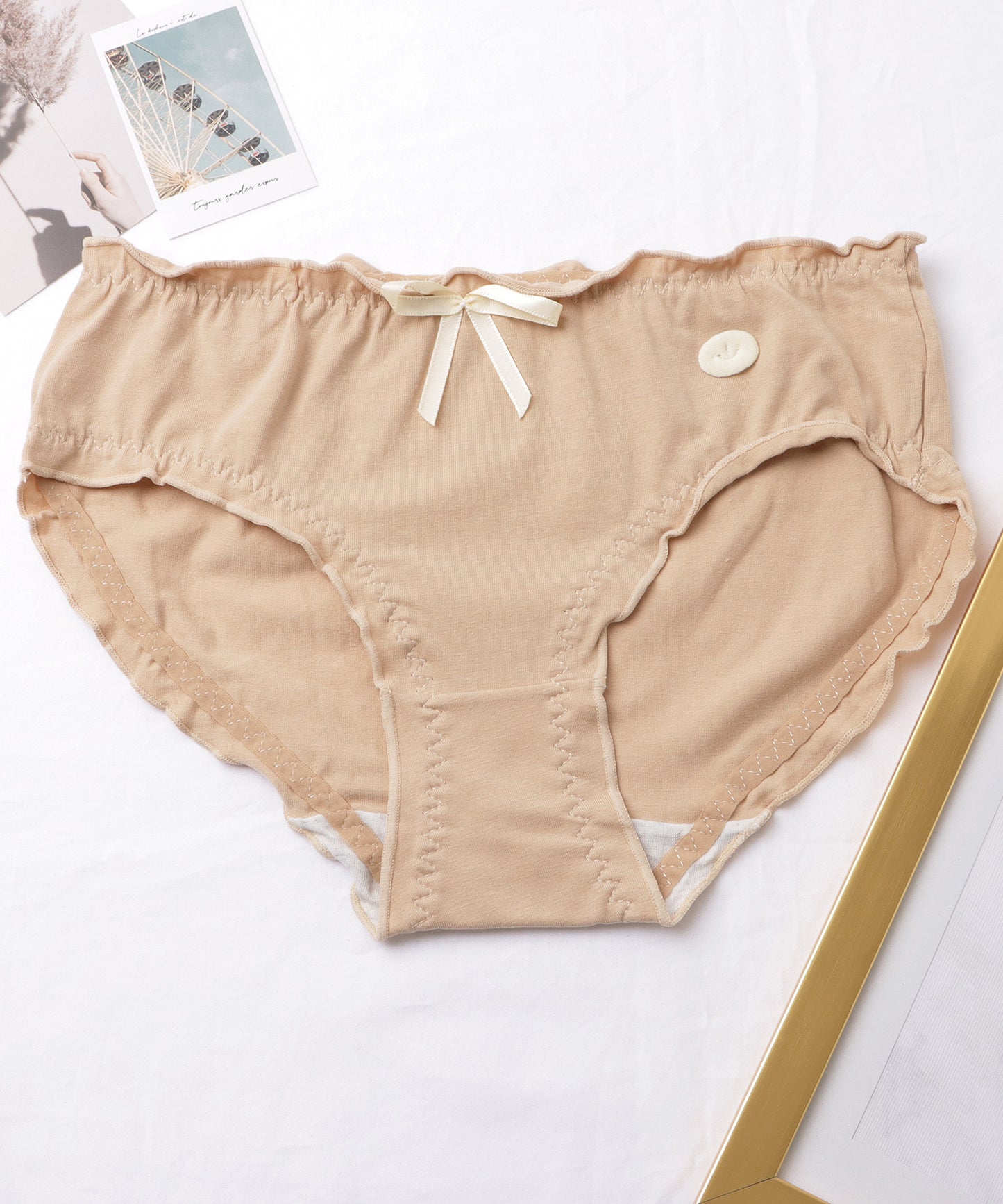 【6枚セット】リボン × ワッペン付き ギャザー バラエティ ショーツ