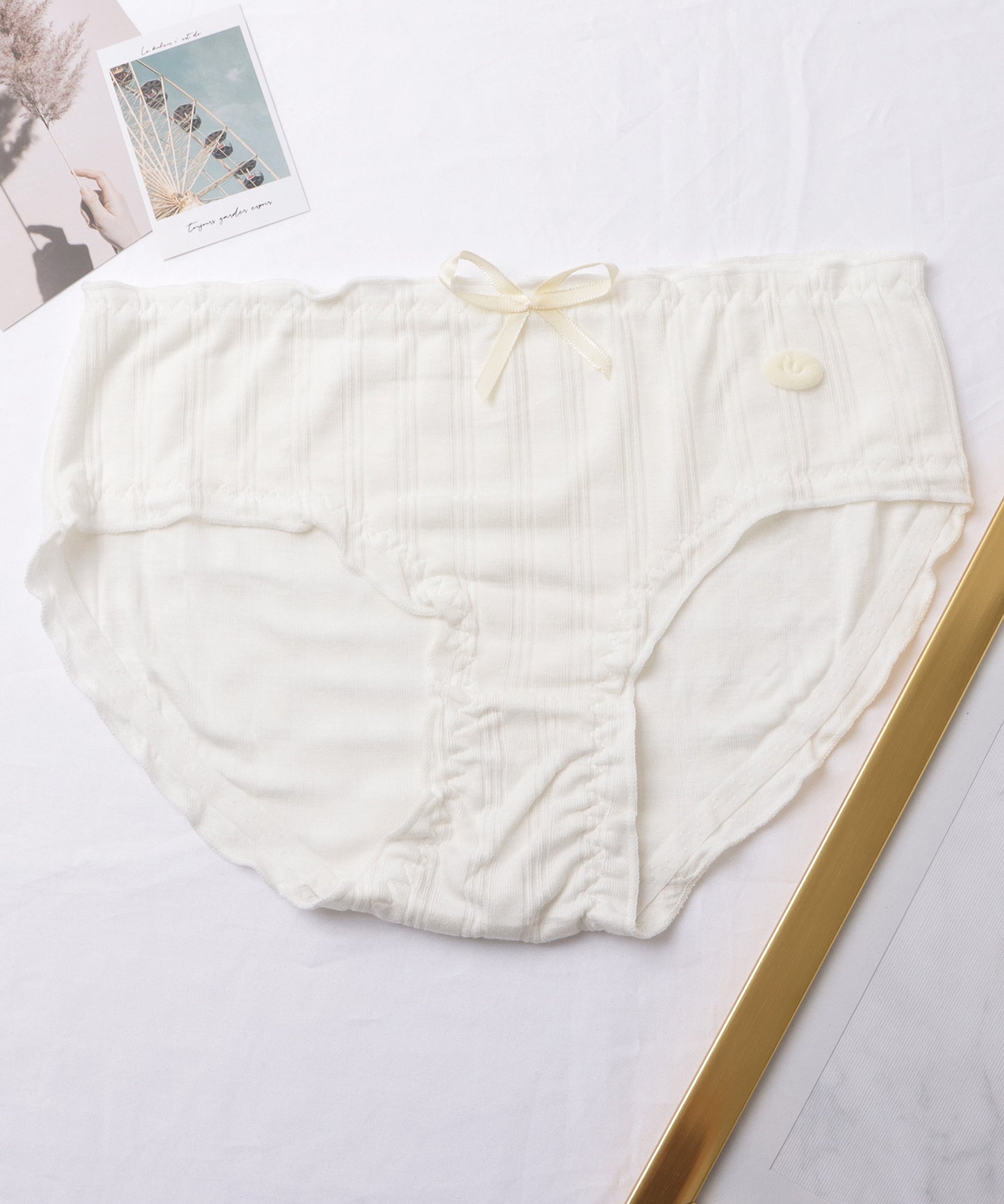 【6枚セット】リボン × ワッペン付き ギャザー バラエティ ショーツ