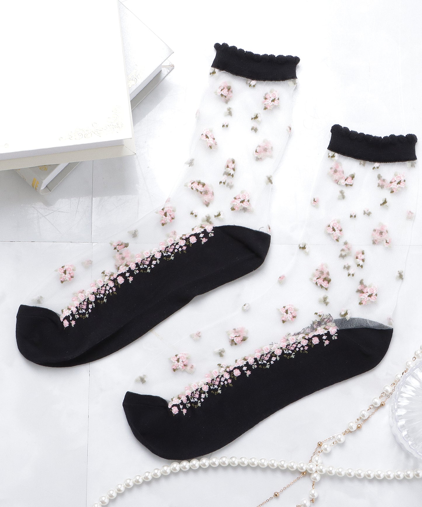 【5色組】 花柄シースルーソックスセット