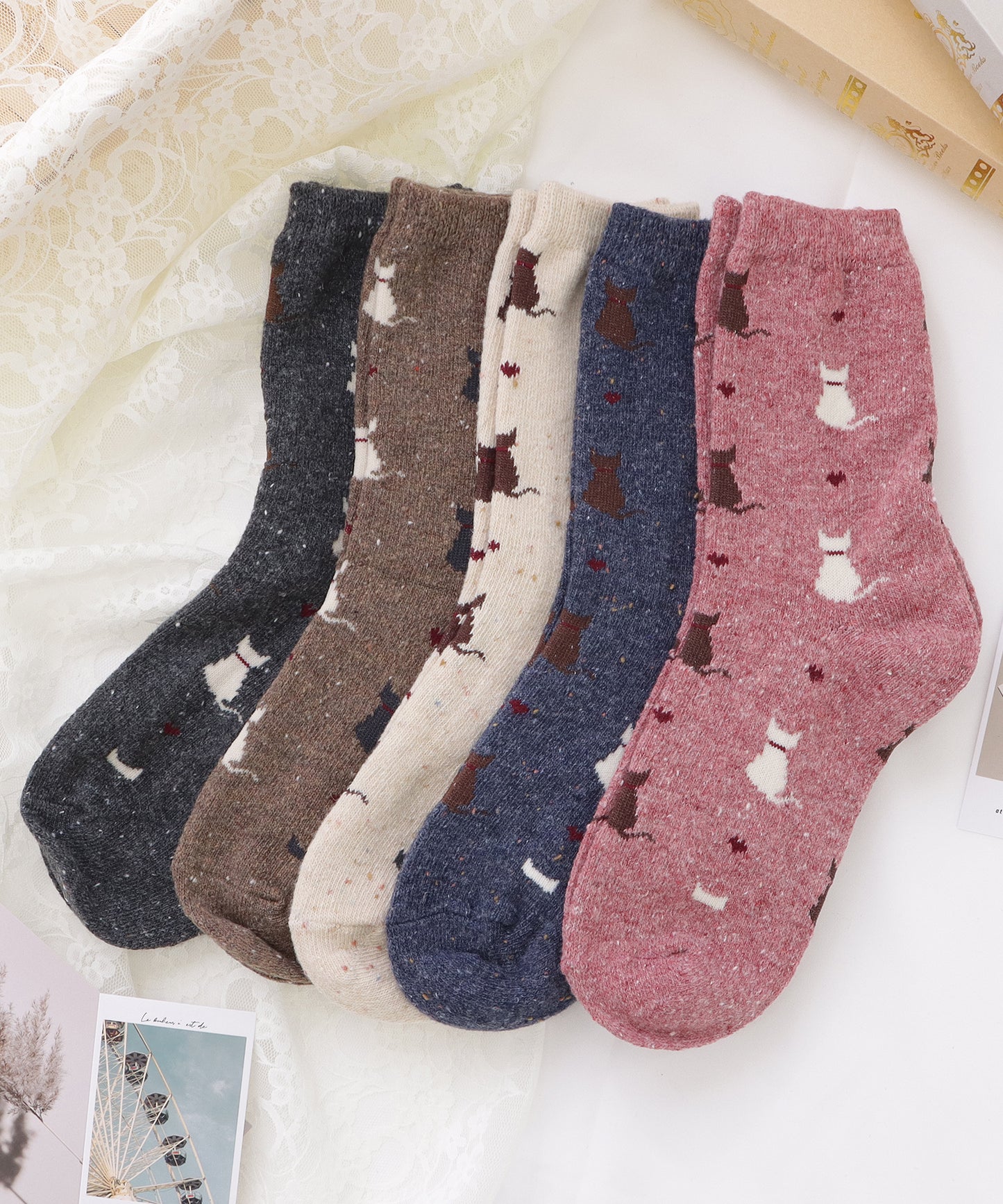 【5足セット】猫柄レトロデザインレギュラー丈ミックスソックス