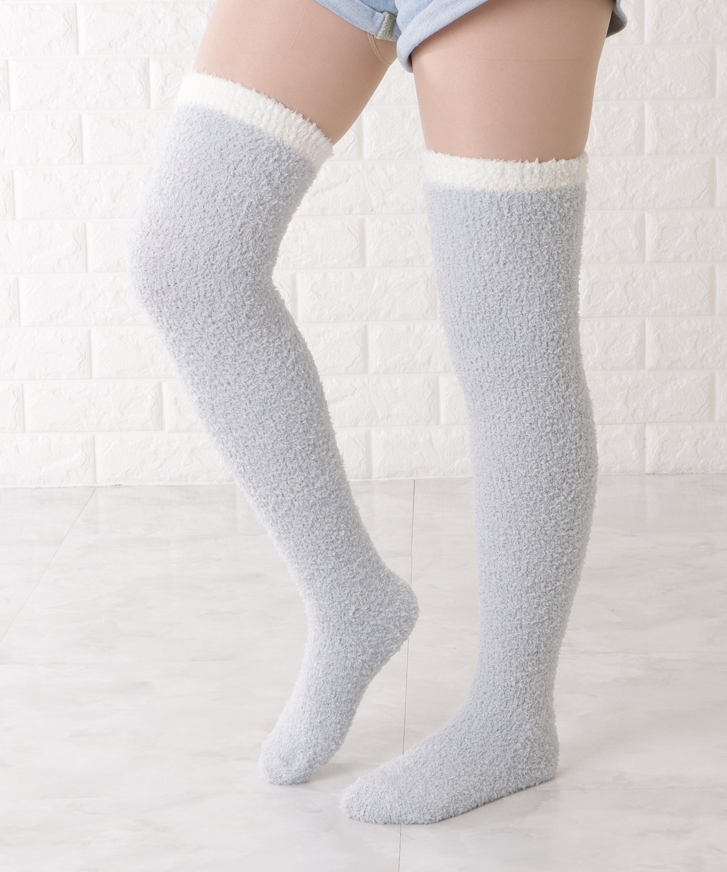 【3足セット】シンプルラインふわもちニーハイ丈ルームソックス