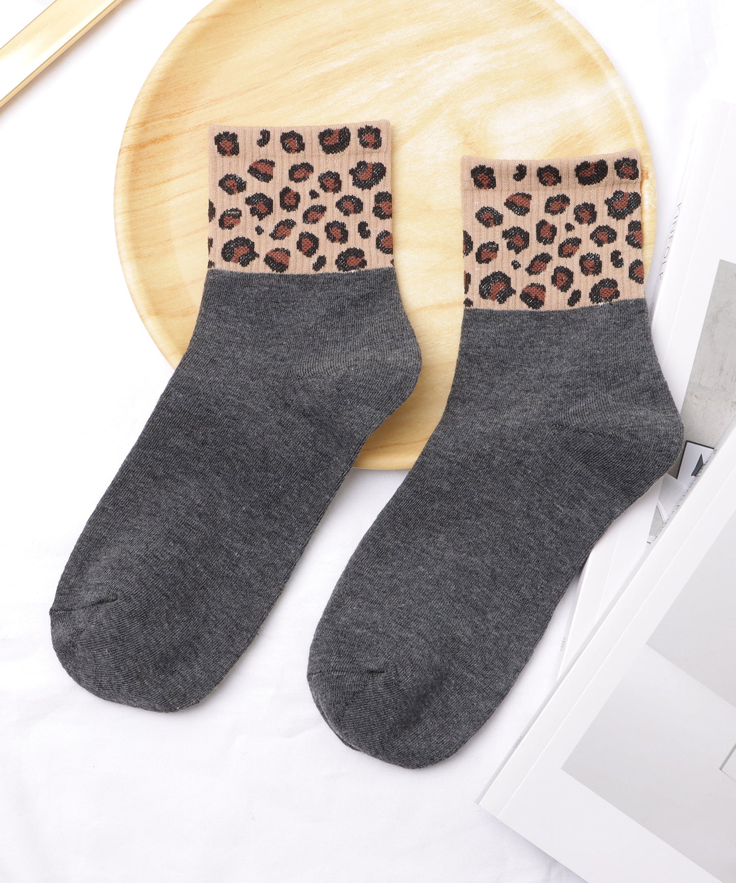 【6足セット】レオパード配色クルーソックス