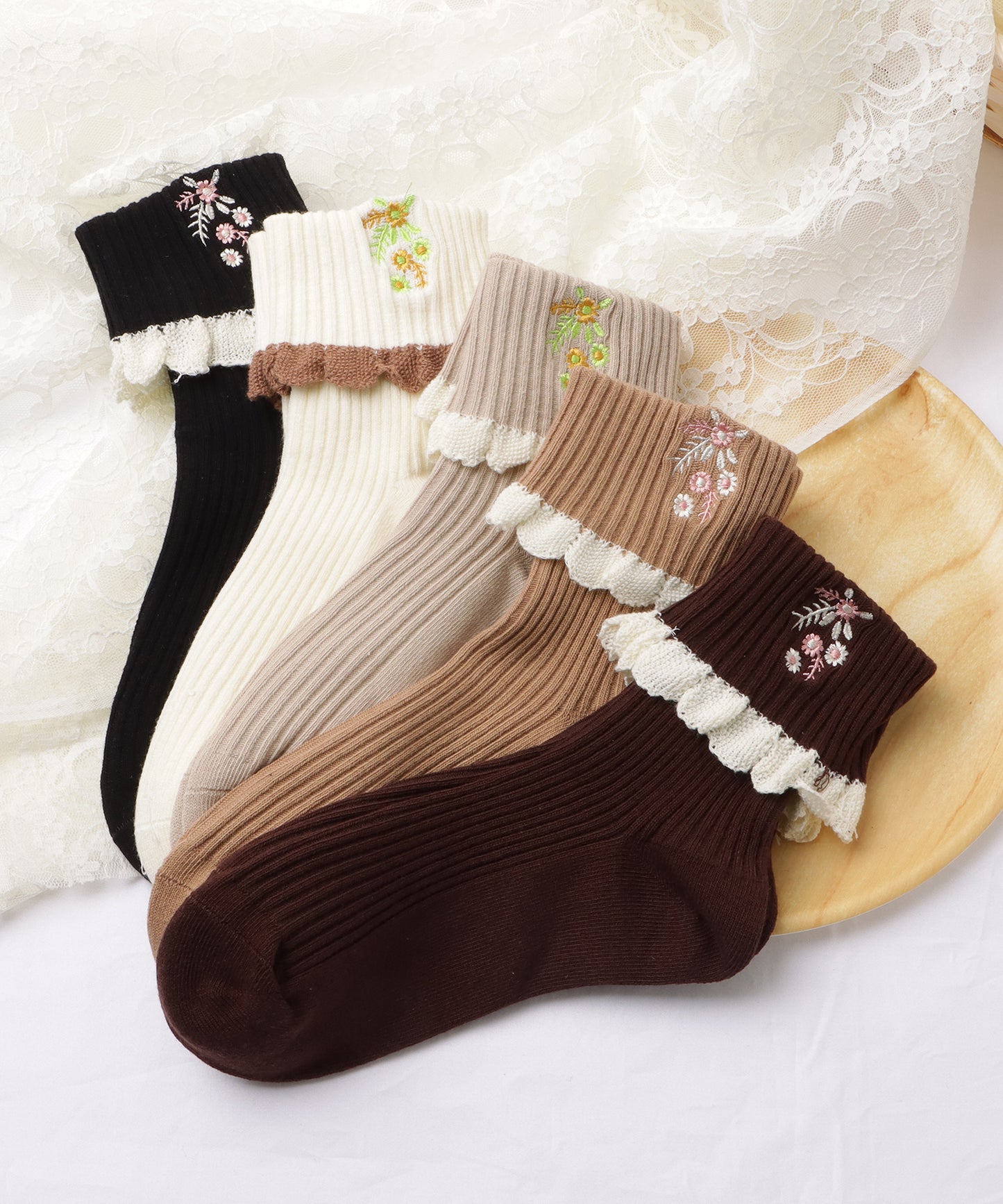 【5足セット】花柄刺繍配色フリルショートソックス